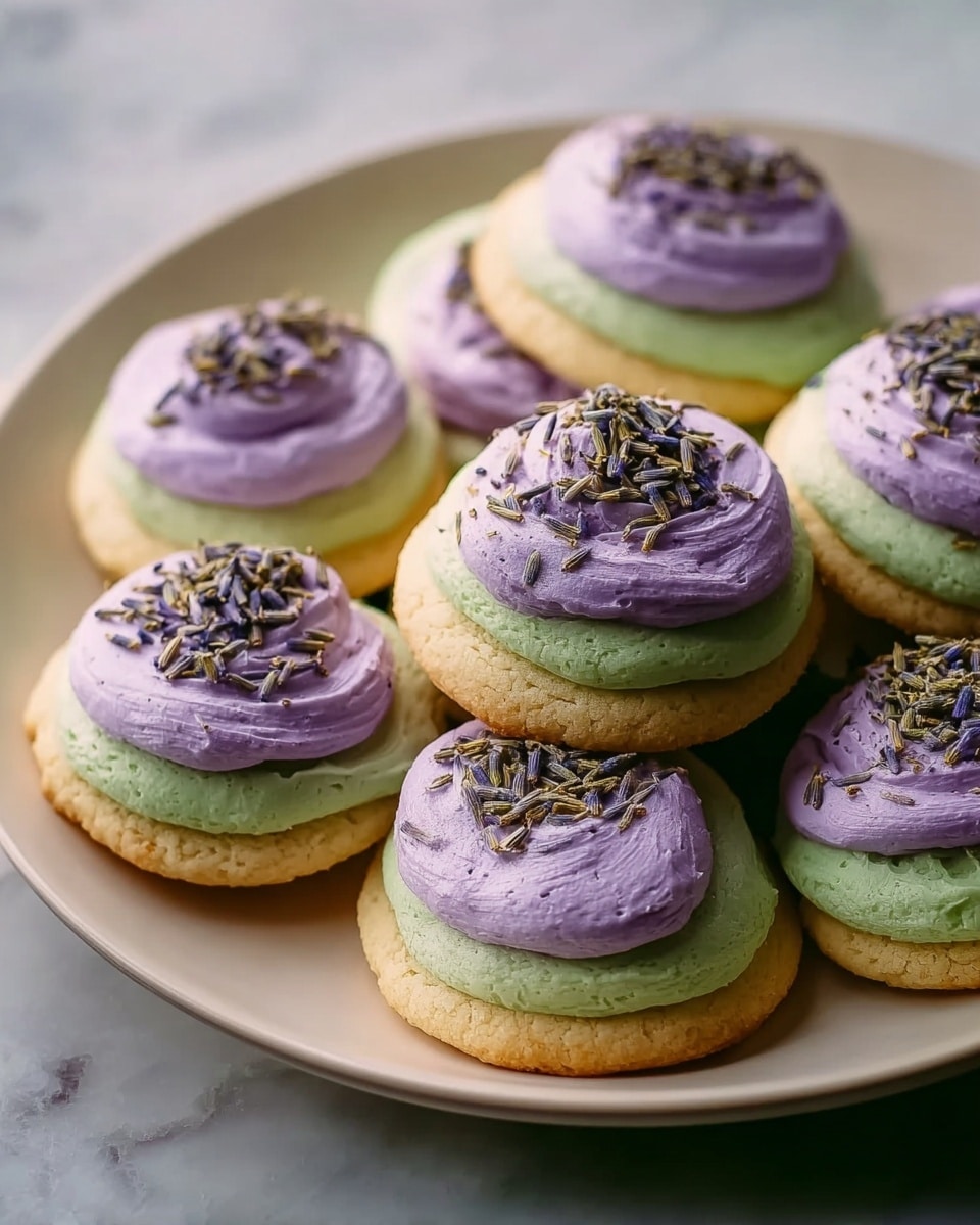 A round cookie base with a light tan color forms the bottom layer, topped by a thick, smooth layer of pale green frosting that spreads evenly over the cookie. Above the green frosting, there is a smaller dollop of light purple frosting placed slightly off-center, adding a soft texture contrast. The top of the purple frosting is sprinkled generously with dried lavender buds that add a dark purplish-brown speckled texture. These cookies are arranged closely together on a white plate, all sitting on a white marbled textured surface. Photo taken with an iphone --ar 4:5 --v 7