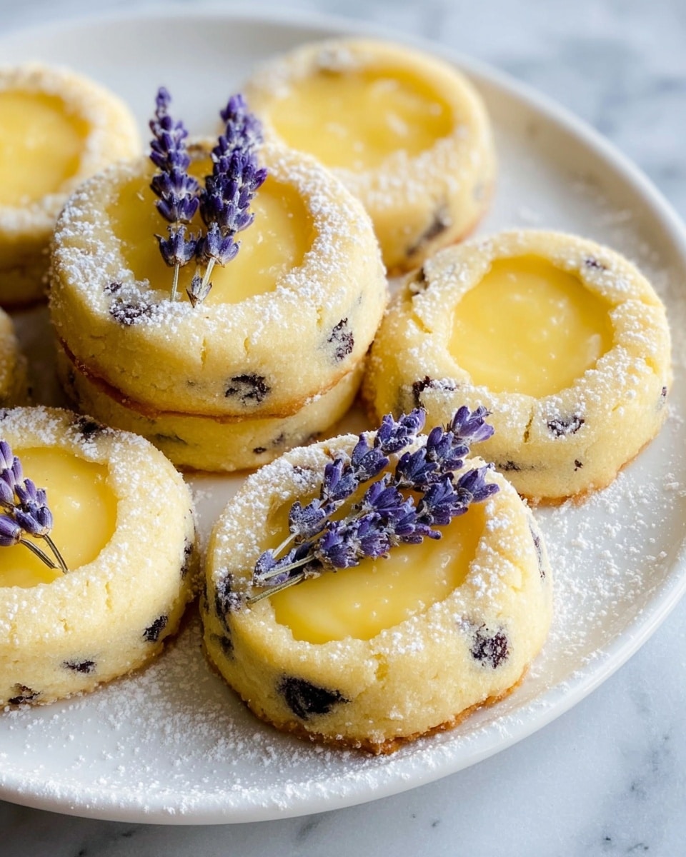 The image shows six round cookies on a white plate, each with a thick, pale yellow center surrounded by a light beige dough mixed with small dark lavender bits. Each cookie has a slightly raised edge around the yellow center, giving a layered look with two main parts: the soft dough outer ring and the smooth, glossy yellow filling inside. The cookies are lightly dusted with white powdered sugar, and three small purple lavender flowers lie across the cookies on top. The setting is on a white marbled texture surface. Photo taken with an iphone --ar 4:5 --v 7