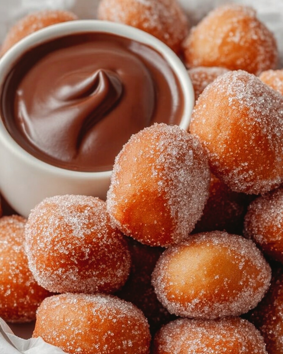 A close-up view of many small, round, golden-brown fried dough balls coated in granulated sugar, piled together fully covering the bottom part of the image. On the top right, a white bowl filled with smooth, glossy chocolate sauce is partially visible, contrasting with the rough texture of the sugary dough balls. The dough balls have a slightly rough surface with sugar crystals shining on top, creating a soft and inviting look. The background is a white marbled texture. Photo taken with an iphone --ar 4:5 --v 7