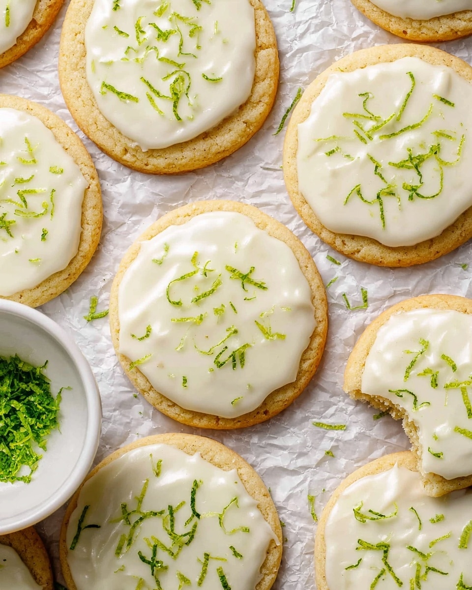 Several round cookies arranged on a white marbled textured surface lined with crumpled white parchment paper, each cookie has a thick light beige base with a smooth, shiny, creamy white icing layer spread evenly on top and sprinkled with small, thin green lime zest pieces. One cookie has a bite taken out of it, revealing the soft texture inside. There is also a small white bowl filled with more lime zest visible at the bottom left corner of the image. photo taken with an iphone --ar 4:5 --v 7