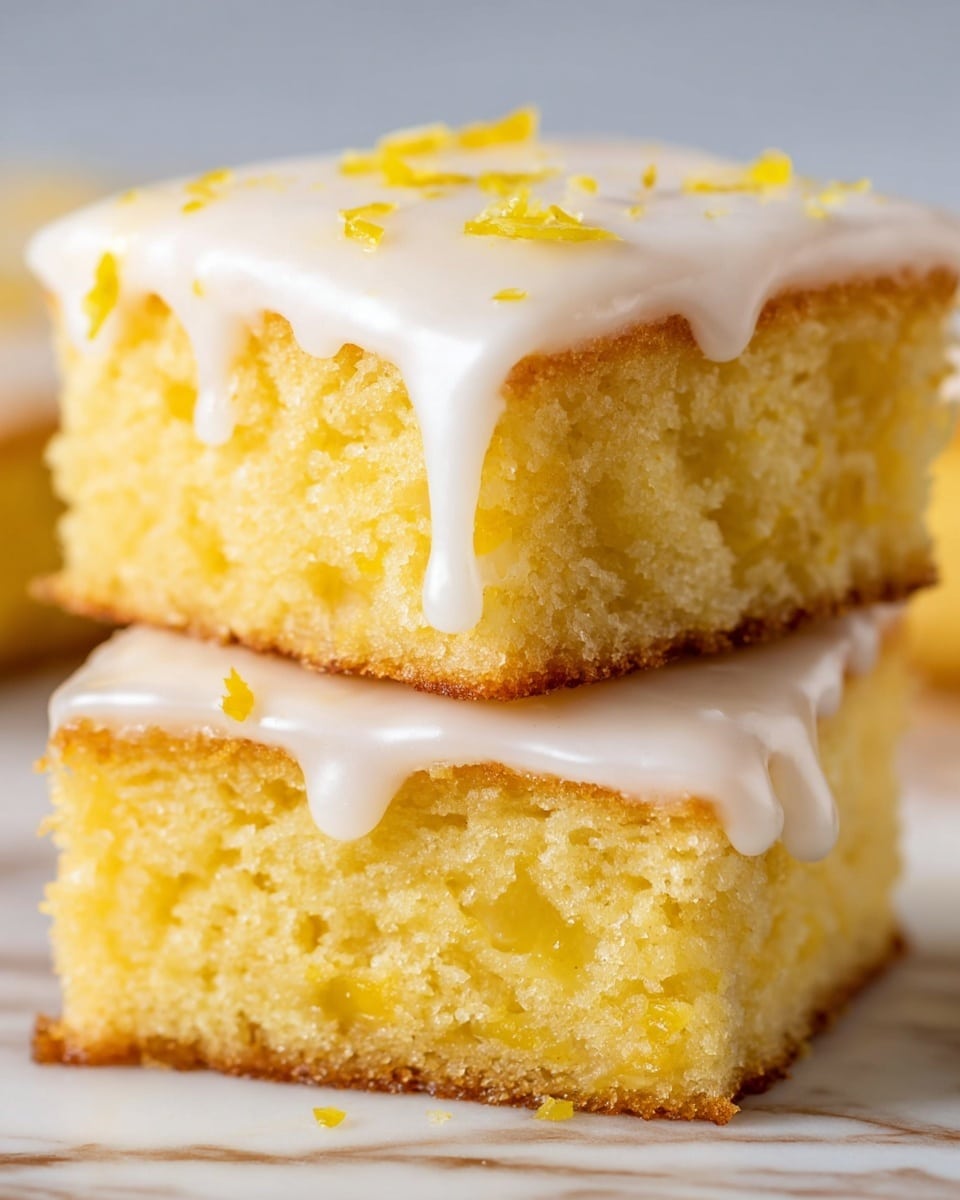 Two square lemon cake pieces are stacked on a white marbled surface. Each piece has a soft, light yellow sponge layer with a moist, crumbly texture. The top of both cakes is coated with a smooth, glossy white icing that drips softly over the edges, garnished with small bits of lemon zest. The bottom piece shows a small layer of lemon filling slightly oozing out near the base, adding a glossy, translucent yellow texture. Photo taken with an iphone --ar 4:5 --v 7