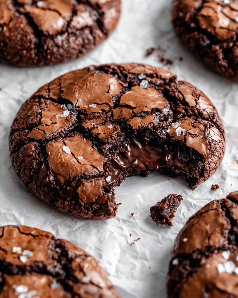 The image shows several round chocolate brownie cookies with a cracked, shiny, and slightly crispy top layer in dark brown. One cookie in the center has a bite taken out, revealing a dense and moist dark chocolate inside. The brownies rest directly on a white marbled surface with small crumbs scattered around. The texture contrasts between the thin, flaky top and the fudgy, soft inside are clearly visible. photo taken with an iphone --ar 4:5 --v 7