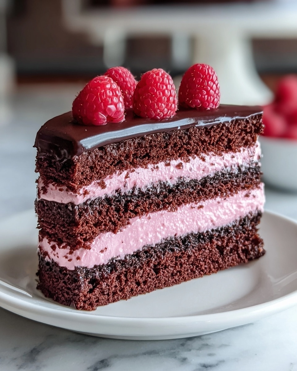 A slice of cake with five layers sits on a white plate on a white marbled surface. The bottom, third, and top layers are dark chocolate cake with a crumbly texture, while the second and fourth layers are smooth pink cream filling. The top of the cake is covered with a thick, shiny dark chocolate glaze, which is decorated with a small pile of fresh red raspberries. The background is softly blurred, showing a kitchen setting. Photo taken with an iphone --ar 4:5 --v 7