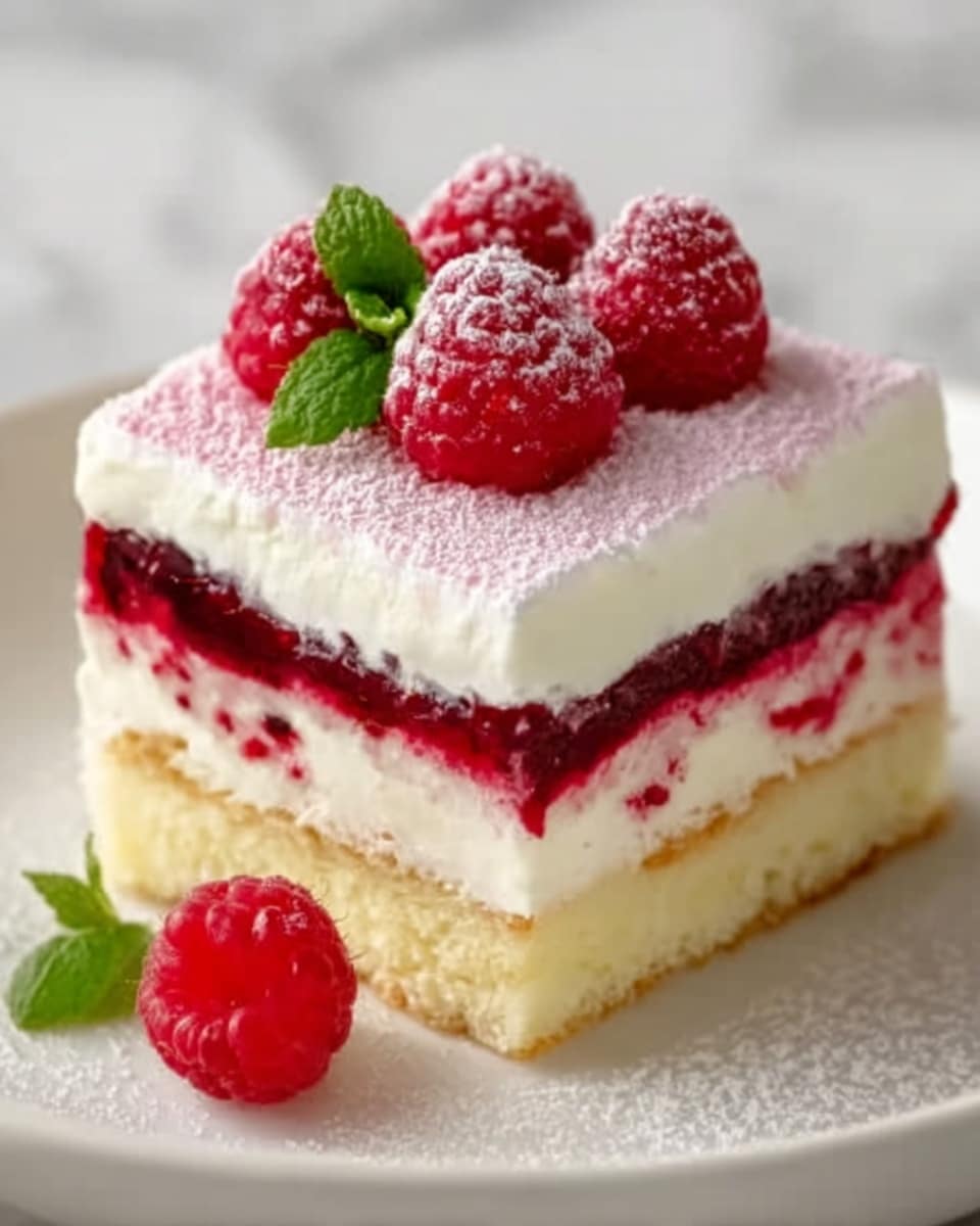 A square piece of layered dessert on a white plate showing three main layers: a light yellow cake base, a thick white cream layer in the middle, and a red raspberry jam layer below it, topped with another white cream layer and a final light yellow cake layer. The dessert is decorated with fresh red raspberries on top, dusted lightly with powdered sugar, and garnished with a green mint leaf. One raspberry rests on the plate beside the dessert. The background is a white marbled texture. Photo taken with an iphone --ar 4:5 --v 7