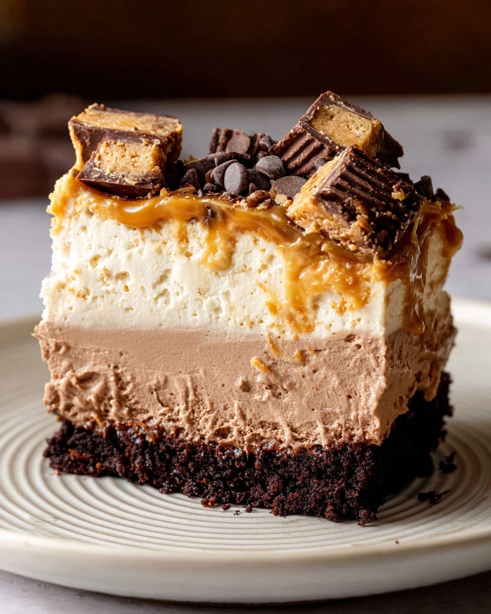 A close-up slice of layered mousse cake sits on a white plate with ridged edges, placed on a white marbled surface. The cake has four distinct layers: the bottom layer is a dark, crumbly chocolate crust, above it is a thick, smooth light brown chocolate mousse with a soft texture. The next layer is a lighter beige mousse, fluffy with small textured bits. The top layer is a glossy peanut butter spread with a smooth finish, decorated with scattered small dark chocolate chips and halved peanut butter cups, showing their rich brown and creamy peanut centers. The background is softly blurred with warm tones. Photo taken with an iphone --ar 4:5 --v 7