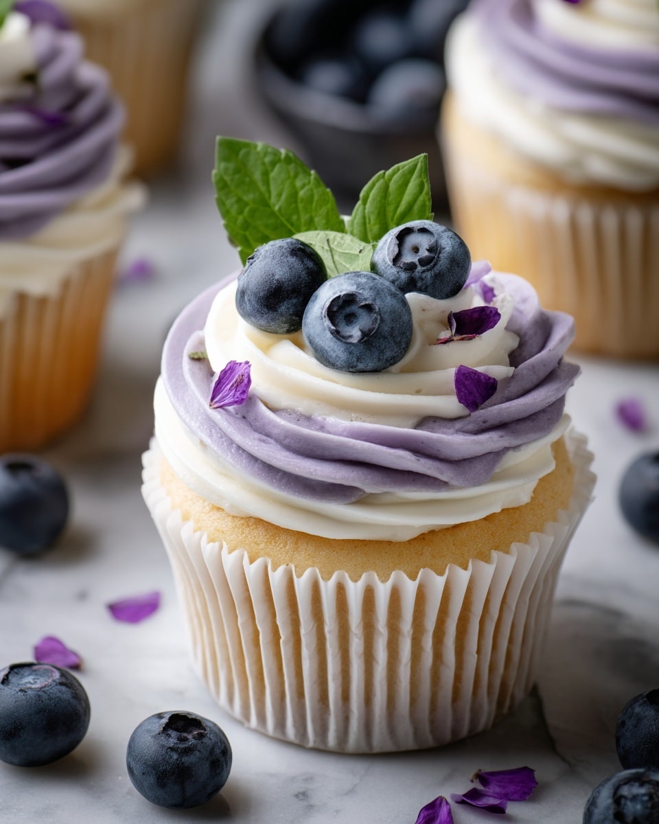 A cupcake with a light golden sponge base wrapped in a white paper liner, topped with a single thick swirl of white and purple marbled frosting. The frosting is smooth with a soft texture, and it is decorated with three fresh blueberries and a bright green mint leaf placed at the center. Small purple edible flowers are scattered delicately on the frosting. The cupcake sits on a white marbled surface with more blueberries scattered around it. In the background, there are more cupcakes with the same frosting style, slightly blurred. photo taken with an iphone --ar 4:5 --v 7