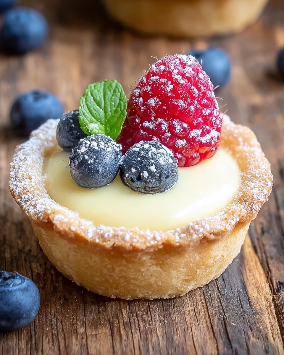 A small tart with a golden, crumbly crust forming the base and sides, slightly dusted with powdered sugar. Inside, it is filled with a smooth, creamy pale yellow custard, holding a fresh red raspberry and two plump, dark blueberries on top, each sprinkled lightly with powdered sugar. A small green mint leaf peeks out between the berries. The tart is placed on a white marbled surface with a few scattered blueberries nearby. photo taken with an iphone --ar 4:5 --v 7