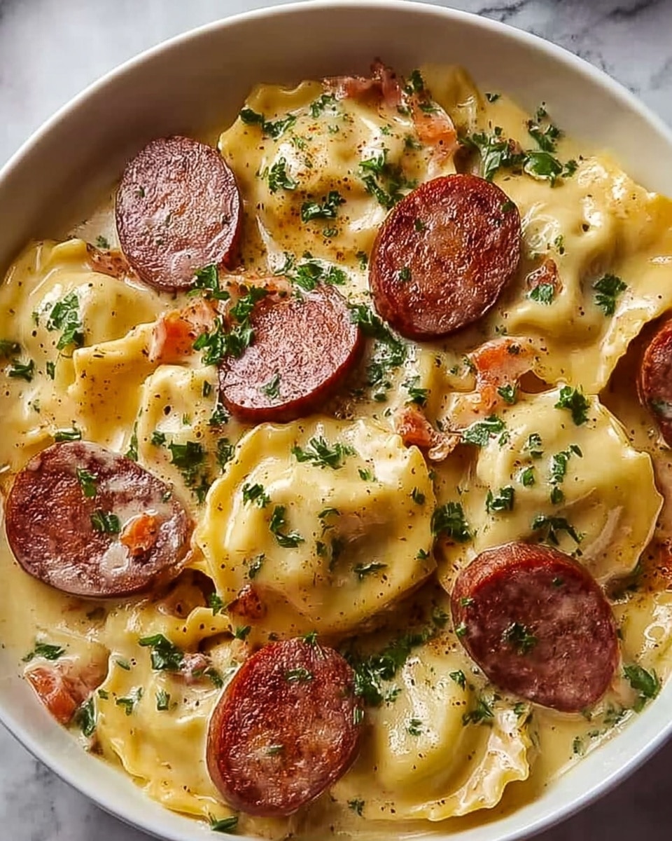 A white bowl filled with a creamy pasta dish featuring several layers of yellow tortellini pasta that appear soft and slightly glossy, mixed with slices of browned sausage placed on top and scattered throughout. The dish is covered in a light sauce with visible pieces of orange carrot and bits of herbs, giving it a fresh touch with green sprinkles of parsley over the surface. The pasta and sausage sit on a base of creamy sauce with specks of black pepper adding texture and contrast. The background is a white marbled texture. Photo taken with an iphone --ar 4:5 --v 7