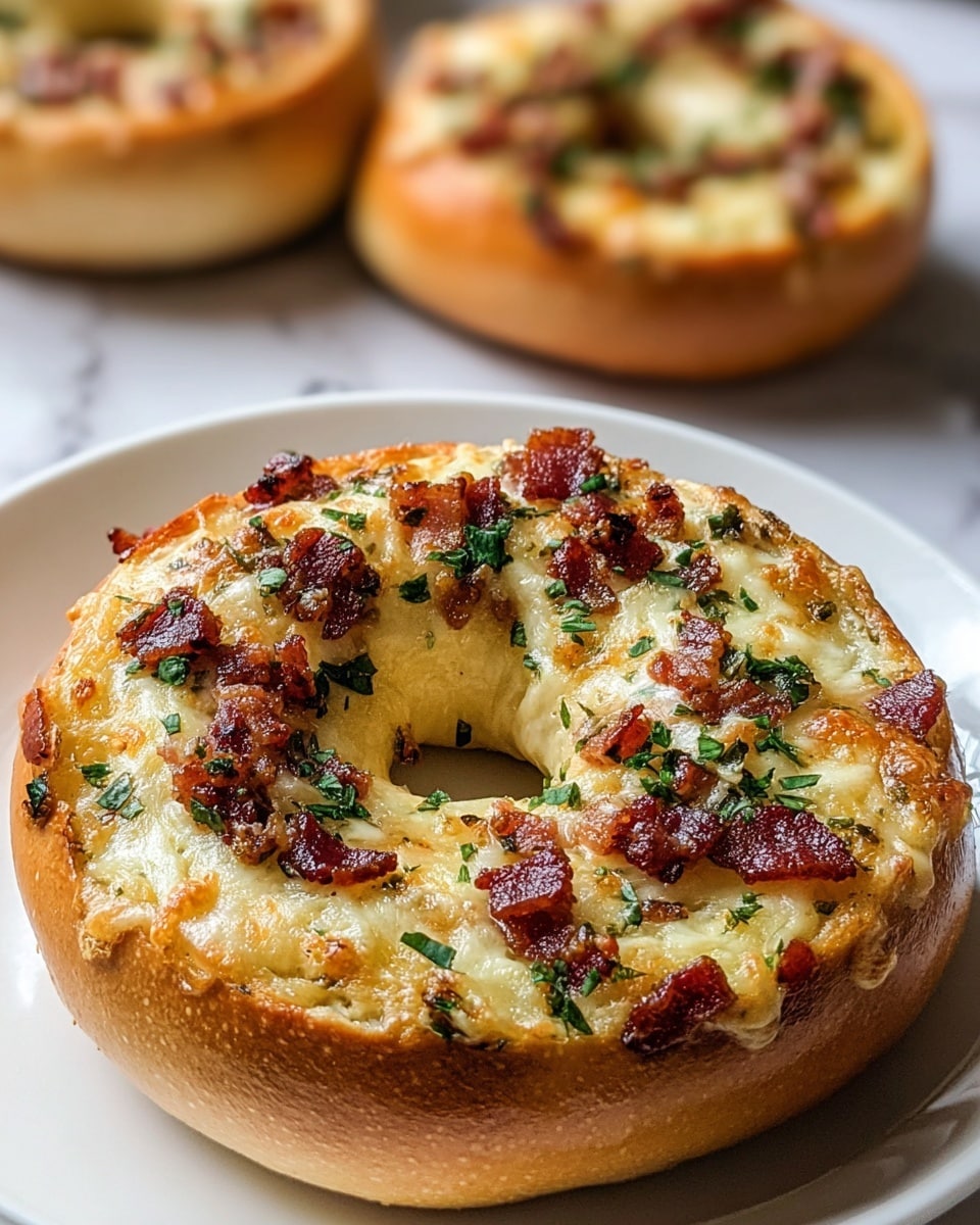 A close-up of a round bagel with a golden brown crust and a visible hole in the center, topped with melted cheese that is creamy yellow with a slightly browned, bubbly texture. Small chunks of crispy bacon pieces are scattered evenly across the cheese, adding dark red and brown color spots. Fresh green herbs are sprinkled over the top, giving a touch of freshness and color contrast. The bagel sits on a white plate, placed on a white marbled surface, with two more similar bagels blurred in the background. Photo taken with an iphone --ar 4:5 --v 7