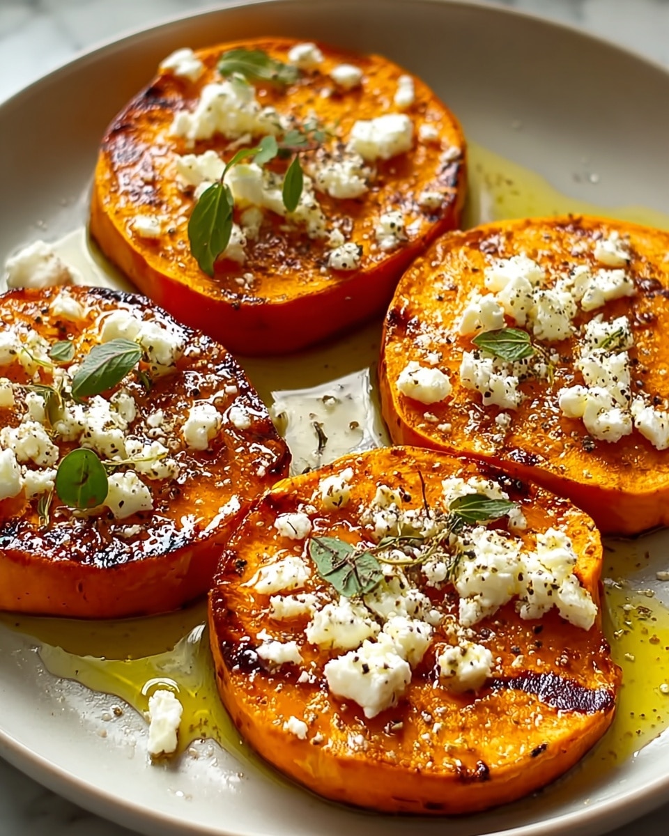 Four round slices of roasted orange sweet potato are arranged closely on a white plate, each slice topped with small white crumbles of feta cheese and scattered green herb leaves. The sweet potato surfaces show caramelized brown spots and a glossy layer of olive oil pooling slightly around them. The overall look is warm with a mix of bright orange, white, and green colors, set against a white marbled background. photo taken with an iphone --ar 4:5 --v 7