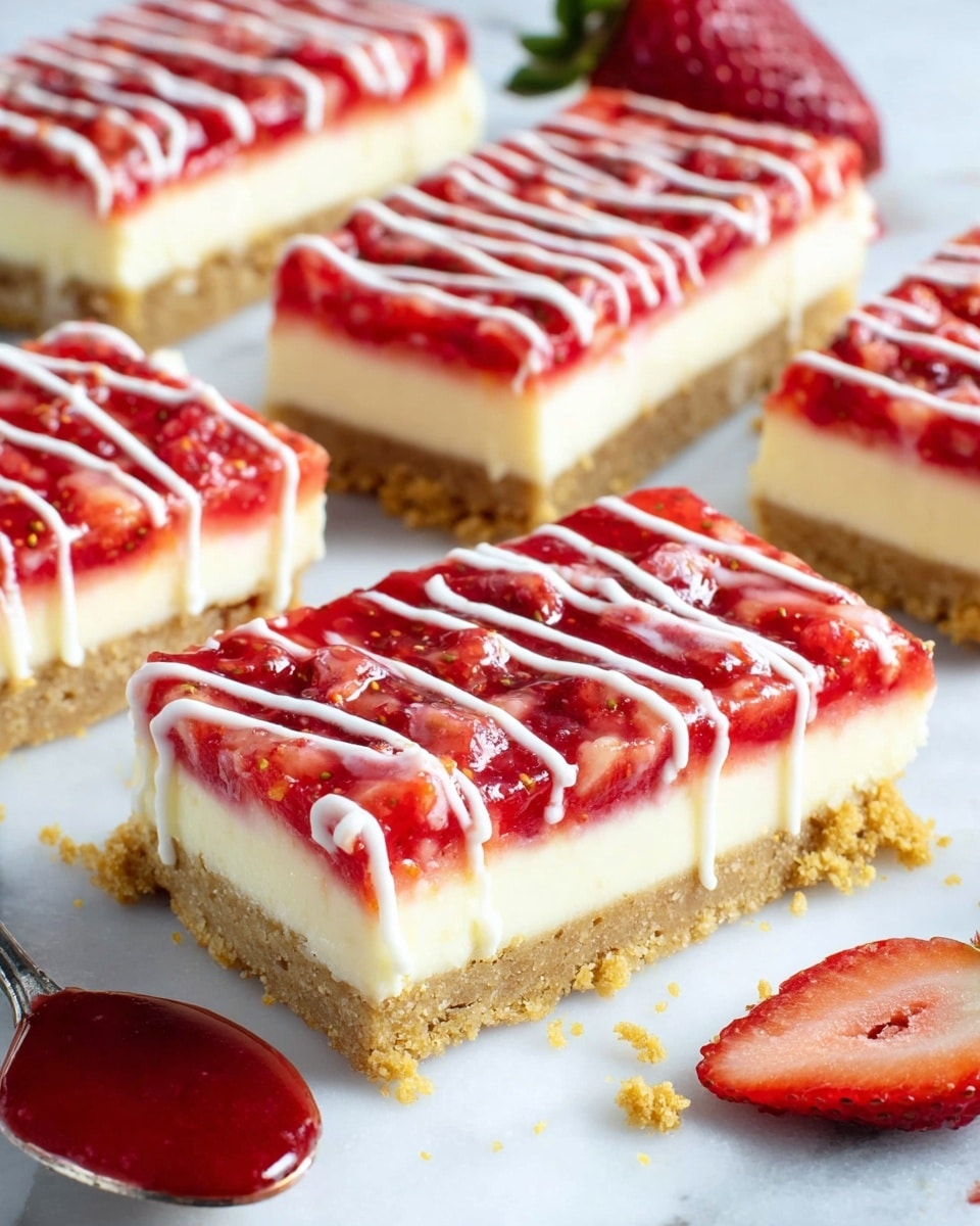 The image shows several rectangular dessert bars with three clear layers: a crumbly light brown base at the bottom, a thick creamy white middle layer, and a shiny bright red strawberry topping with pieces of fruit visible inside. Each bar is decorated with thin white icing drizzled evenly across the top. The bars are placed on a white marbled surface, with a sliced strawberry and a spoon holding extra red topping nearby. The spoon rests close to the front right corner of the image, adding a sense of freshness and texture to the scene. photo taken with an iphone --ar 4:5 --v 7