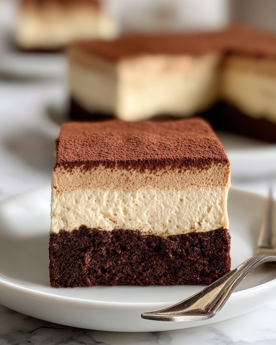 A square piece of dessert sits on a white plate with a white marbled texture beneath. It has two layers: the bottom layer is a thick, dense, dark brown chocolate cake, rough in texture, while the top layer is a thick, creamy, light beige mousse with a smooth airy surface. A fine dusting of cocoa powder covers the top. In the blurred background, more of the same dessert is visible cut into squares, with a silver fork lying on the plate next to the dessert. Photo taken with an iphone --ar 4:5 --v 7
