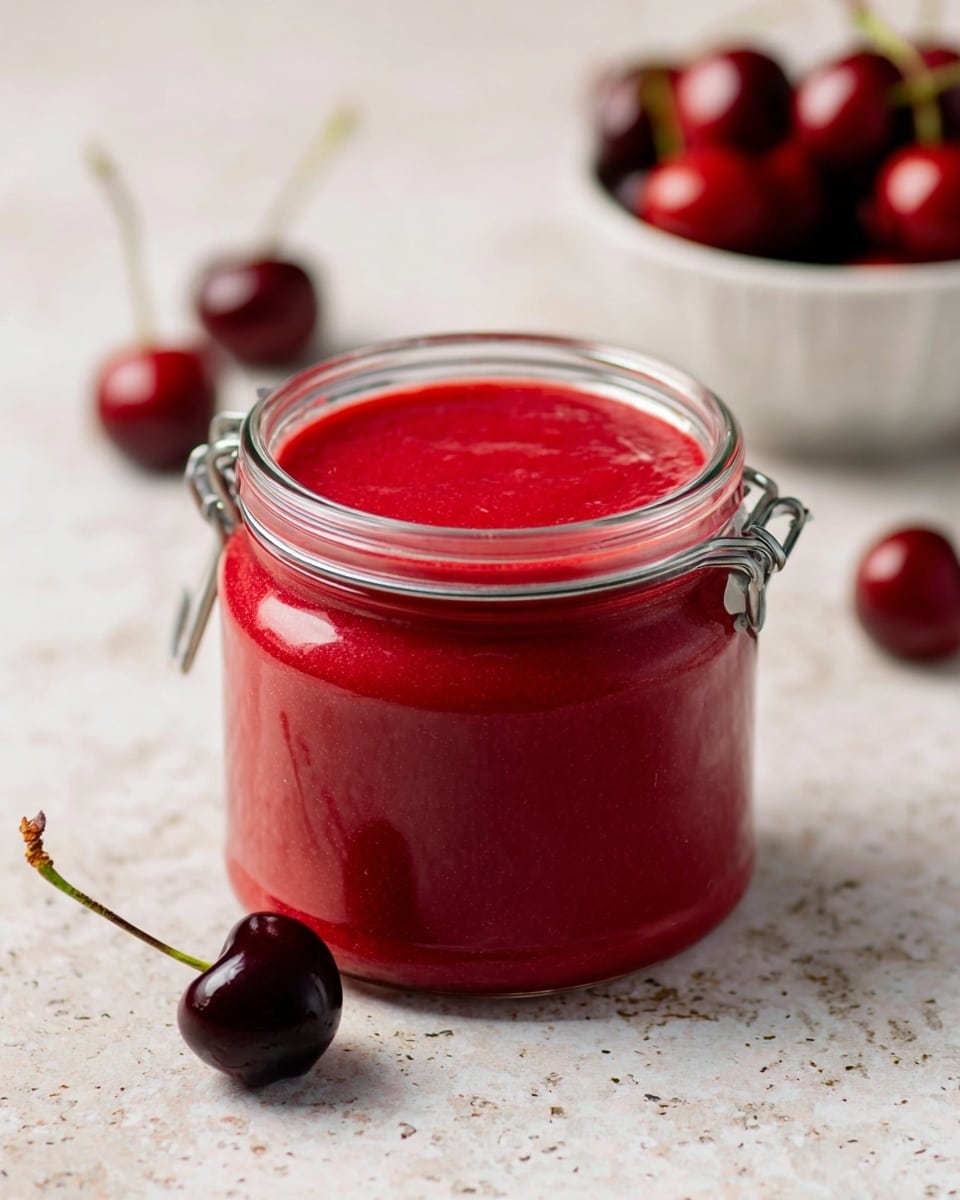 A clear glass jar filled with smooth, bright red cherry sauce, showing a thick, creamy texture with a slight swirl on top, the jar has a metal clasp on the side. Nearby are two fresh cherries, one close to the jar and another blurred in the background, with a white marbled surface underneath and a white bowl filled with more cherries blurred in the back. photo taken with an iphone --ar 4:5 --v 7