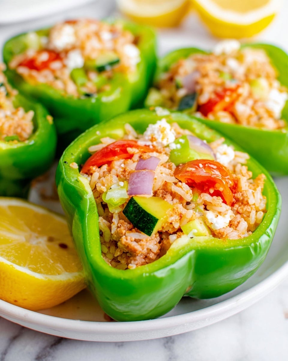 A close-up image shows three green bell pepper halves laid out on a white ceramic dish, each filled with a layer of cooked white rice mixed with small chunks of cooked turkey, halved cherry tomatoes, diced zucchini, and bits of red onion. The green pepper acts as a smooth, hollow base and contrasts with the mixed textures and colors of the soft rice, tender meat, and vibrant vegetables inside. Bright yellow lemon halves are in the blurred background, all set against a white marbled textured surface. photo taken with an iphone --ar 4:5 --v 7