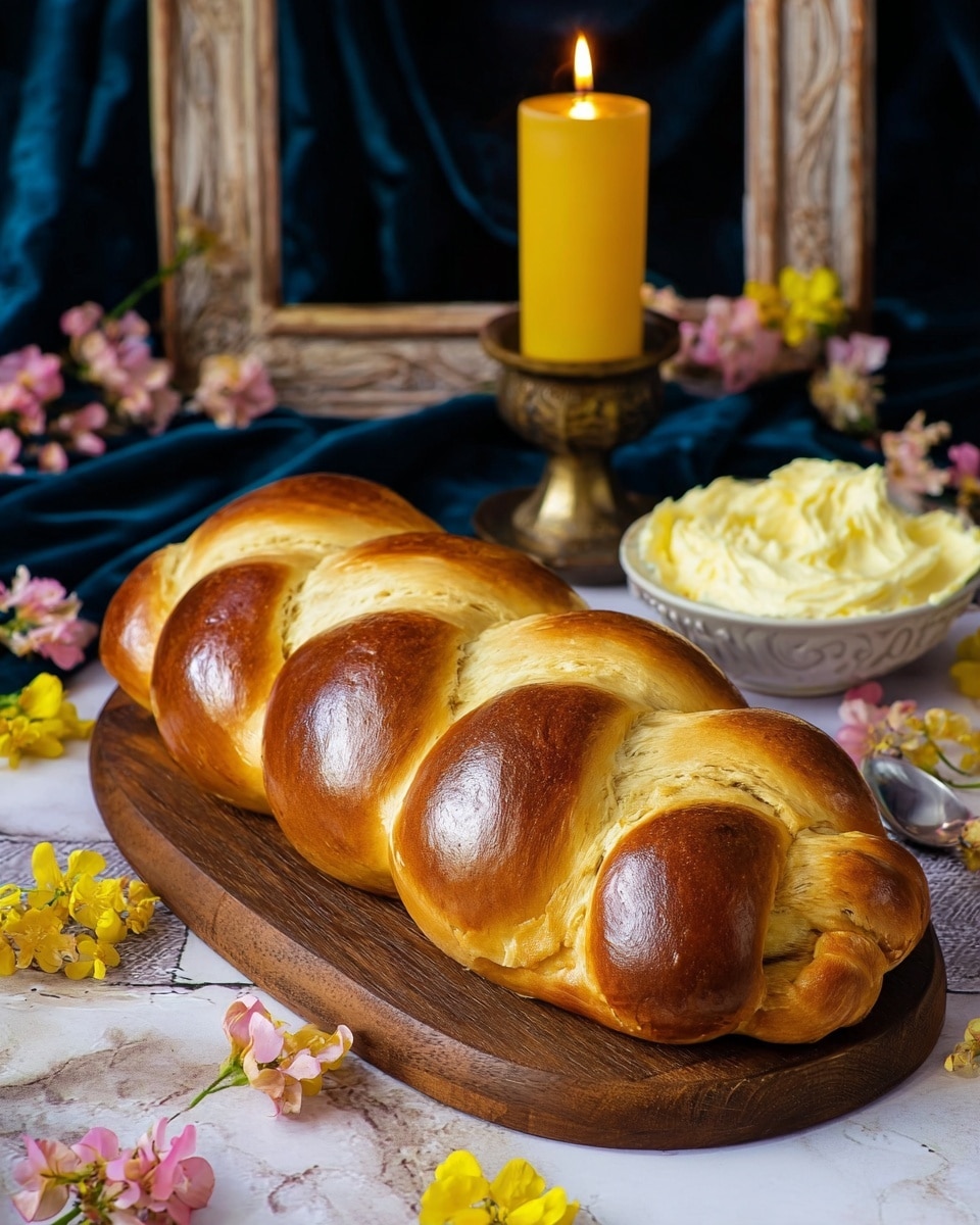 A shiny, golden-brown braided bread with three thick, smooth strands sits on a round wooden board. Behind the bread, there is a small dark bowl filled with a pale yellow creamy spread. The scene includes pink flowers and yellow small round flowers scattered around, with a blue velvet cloth draped in the background. To the right, a lit candle in a rustic brass holder adds a warm glow. The surface is a white marbled texture. photo taken with an iphone --ar 4:5 --v 7