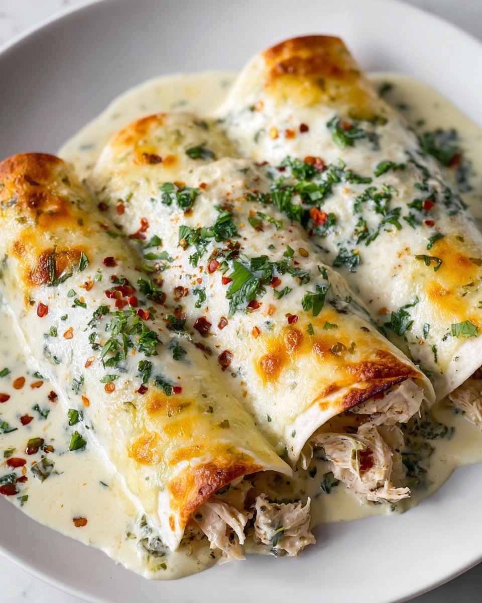 Three rolled tortillas filled with shredded chicken mixed with herbs and black beans are placed side by side on a white plate. Each roll is topped with a creamy white sauce that is speckled with green herbs. The edges of the tortillas are slightly browned and crispy, adding texture and color contrast. The dish is sprinkled with chopped fresh green cilantro and red chili flakes, adding vibrant green and red touches over the white sauce. The plate sits on a white marbled surface. photo taken with an iphone --ar 4:5 --v 7