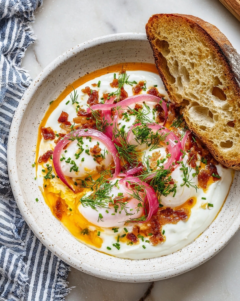 A white speckled bowl contains two poached eggs covered in thick, creamy white sauce. Around and partially under the eggs are small pieces of crispy bacon in reddish brown, scattered with bright green chopped chives. On top of the eggs are rings of pink pickled onions and sprigs of fresh green dill. A drizzle of orange oil with spices adds color on the sauce and eggs. The bowl also holds a thick slice of toasted bread with a golden brown crust resting on the side. The bowl sits on a white marbled surface with a striped cloth nearby. Photo taken with an iphone --ar 4:5 --v 7