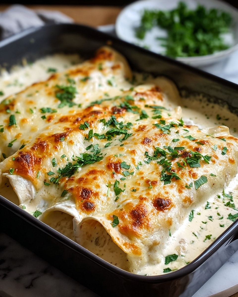 The image shows a close-up of three rolled tortillas filled and placed side by side in a black baking dish, covered with a thick layer of melted white cheese that is browned in spots, giving a golden color on top; a creamy white sauce surrounds the rolls with a smooth texture, and chopped fresh green herbs are sprinkled over the top, adding a touch of color and freshness. The dish sits on a white marbled surface with soft lighting highlighting the cheese’s bubbly texture. photo taken with an iphone --ar 4:5 --v 7