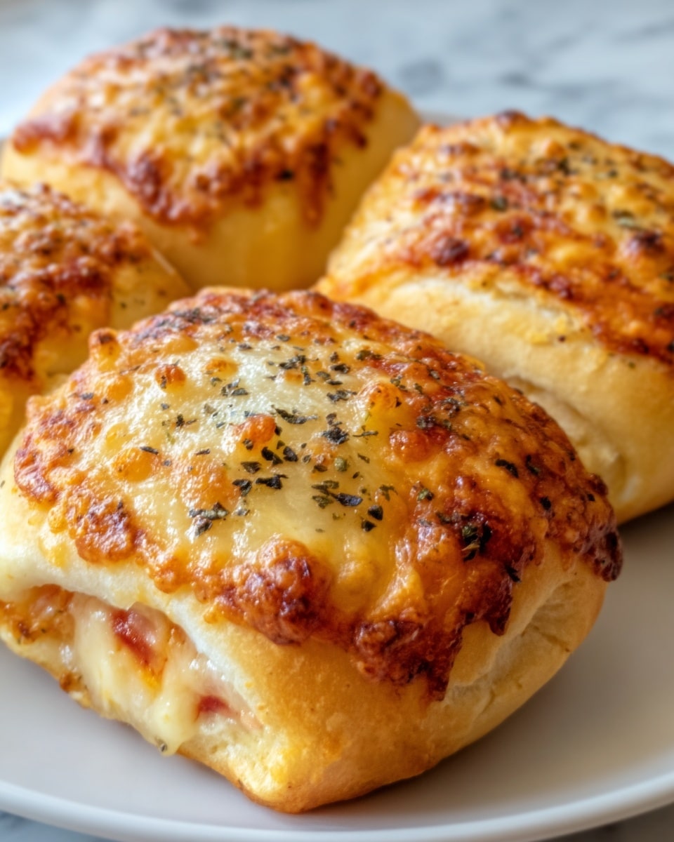 The image shows three baked pastries on a white plate, placed on a white marbled surface. Each pastry has a golden brown crust with melted cheese on top, which is slightly browned and bubbly. There are small specks of herbs scattered over the cheese. The pastries are rectangular with visible layers of dough, showing a slightly crispy texture on the edges. The filling inside peeks out a little, showing a hint of red, likely tomato or sauce. The lighting is natural and soft, making the pastries look warm and fresh. Photo taken with an iphone --ar 4:5 --v 7