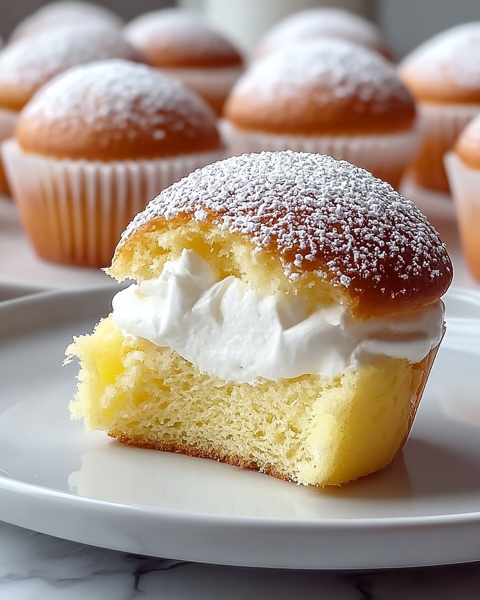 The image shows a close-up view of small round cupcakes on a white plate, each cupcake has two light yellow soft cake layers with a thick, fluffy white cream layer in between. The top cake layer is dusted with a fine white powder, likely powdered sugar, giving it a slightly snowy look. The cupcakes in the background are slightly out of focus, showing uniform texture and color with the same cream filling and powdered tops. The plate rests on a surface with a white marbled texture. photo taken with an iphone --ar 4:5 --v 7