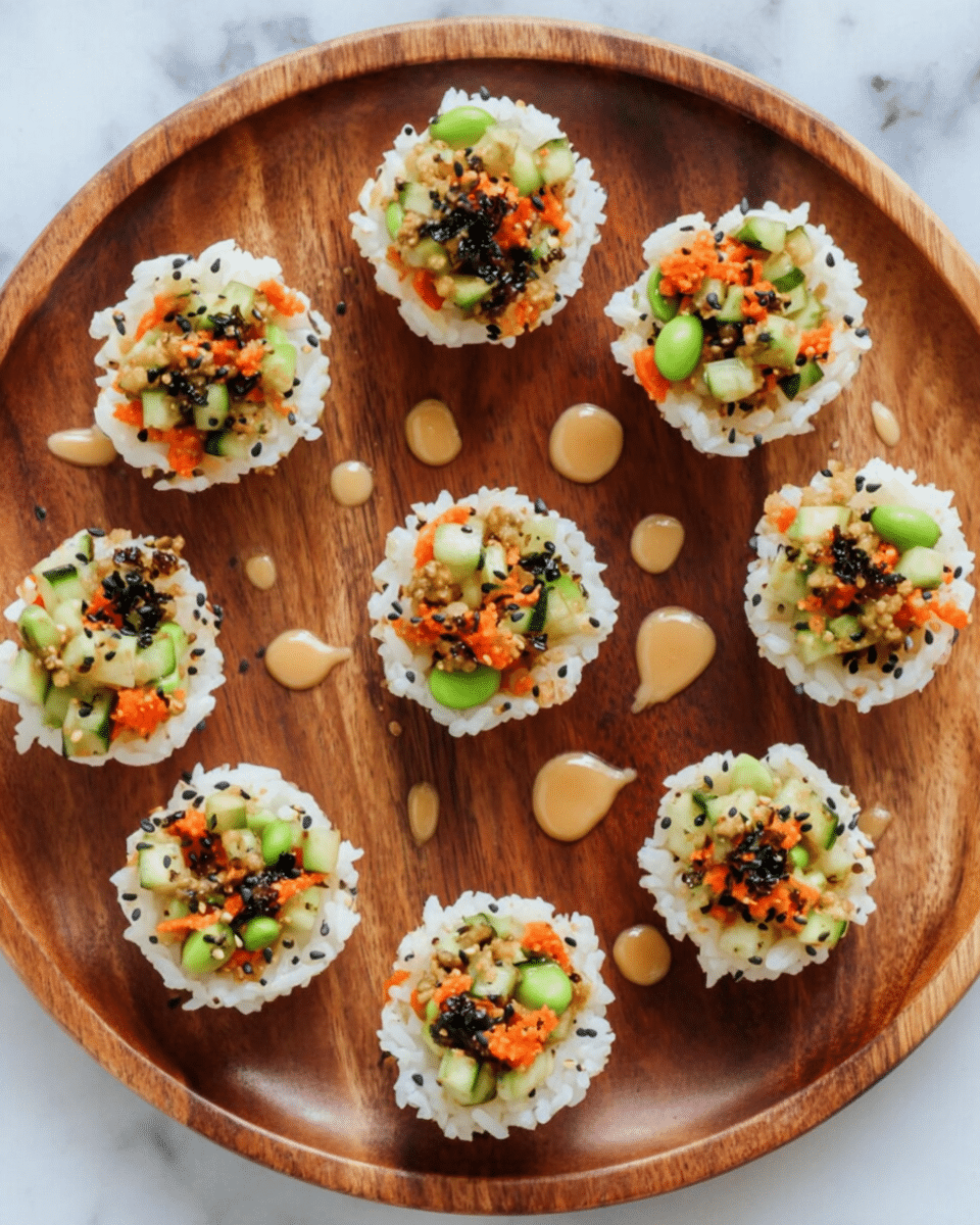 A round wooden platter holds eight small sushi bites arranged in a circle. Each sushi bite has a base layer of tightly packed white rice sprinkled with black sesame seeds, topped with a colorful mix of diced vegetables including orange carrot, green edamame, and light green avocado pieces. Scattered creamy light brown sauce dots decorate the wooden platter around the sushi bites. The overall texture shows soft rice with fresh, crisp vegetable pieces on top. The background is a white marbled surface. photo taken with an iphone --ar 4:5 --v 7