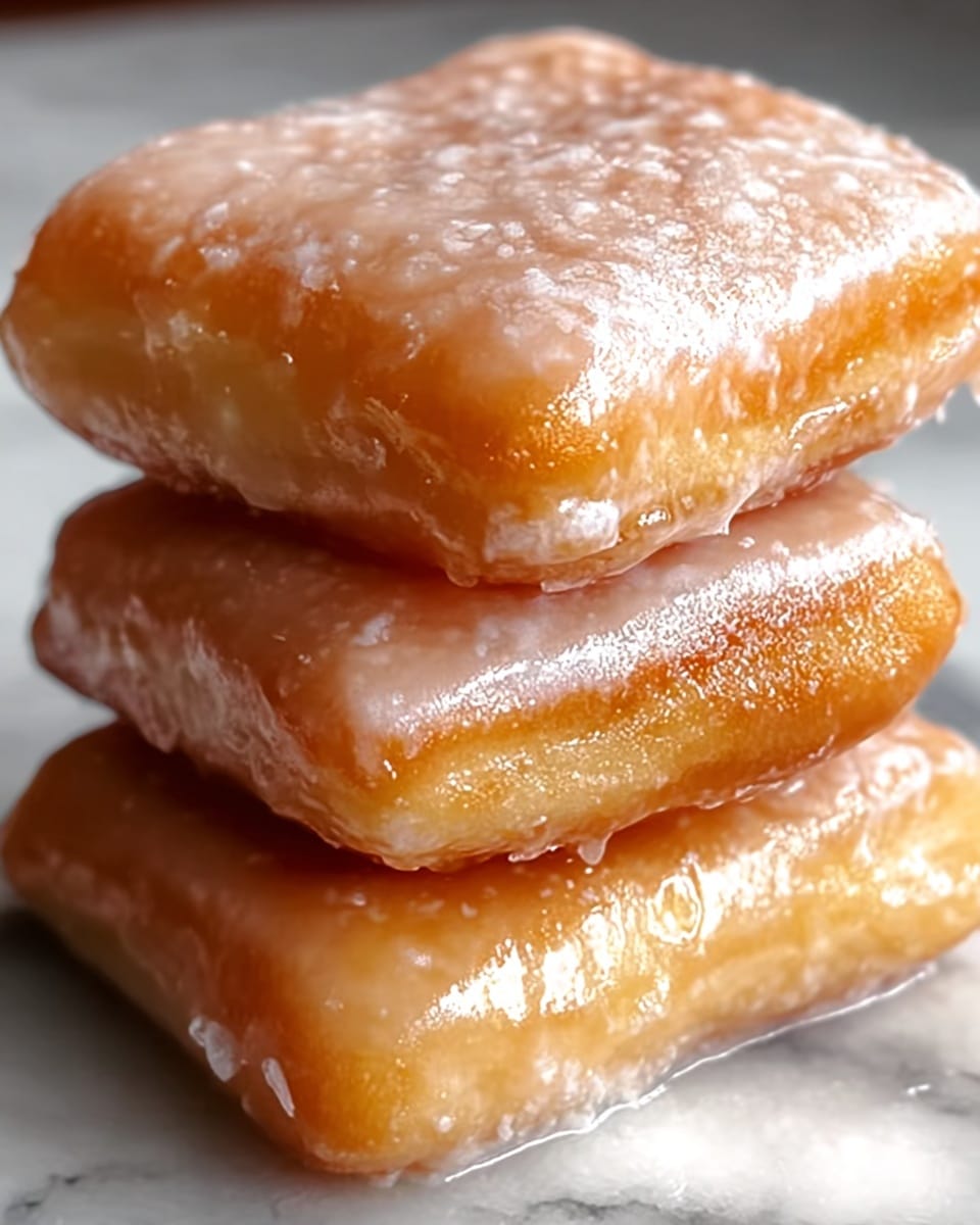 A close-up image shows a stack of three square-shaped, golden-brown fried dough pieces, each coated lightly with a shiny, translucent glaze that gives them a slightly wet look. The pieces have a soft, slightly puffy texture with small air bubbles visible on the surface, and the edges are slightly rounded. The stack rests on a white plate, set against a white marbled texture background. photo taken with an iphone --ar 4:5 --v 7