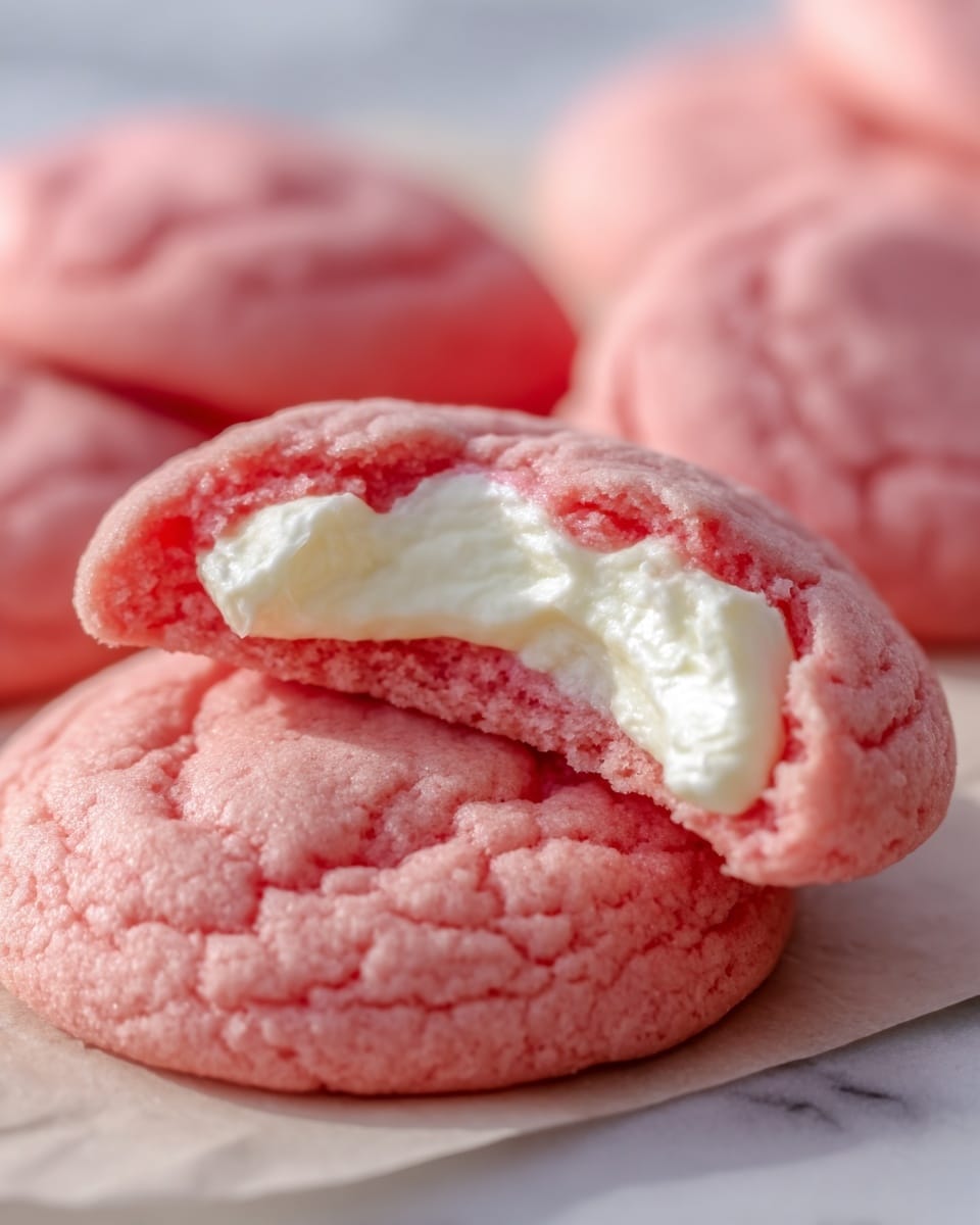 The image shows a group of soft, pink cookies on a white marbled surface. One cookie is broken open to reveal a creamy white filling inside. The outer layer is smooth and slightly cracked, with a soft, chewy texture. The cookies are round, evenly sized, and arranged close together. The lighting highlights the bright pink color and the creamy texture of the filling. Photo taken with an iphone --ar 4:5 --v 7
