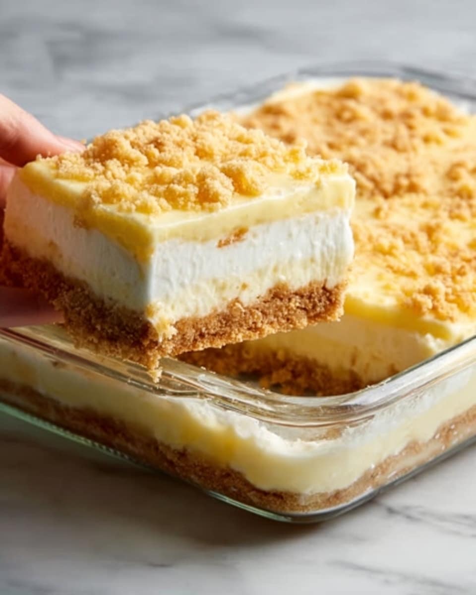 The image shows a close-up of a rectangular glass baking dish with a three-layer dessert on a white marbled surface. The bottom layer is a golden brown crumb crust with a rough texture. The middle layer is thick, creamy, and white, looking smooth and soft. The top layer is light yellow, creamy, and smooth, topped with a crumbly golden brown mix scattered unevenly. A corner piece is missing, revealing all three layers clearly. Photo taken with an iphone --ar 4:5 --v 7
