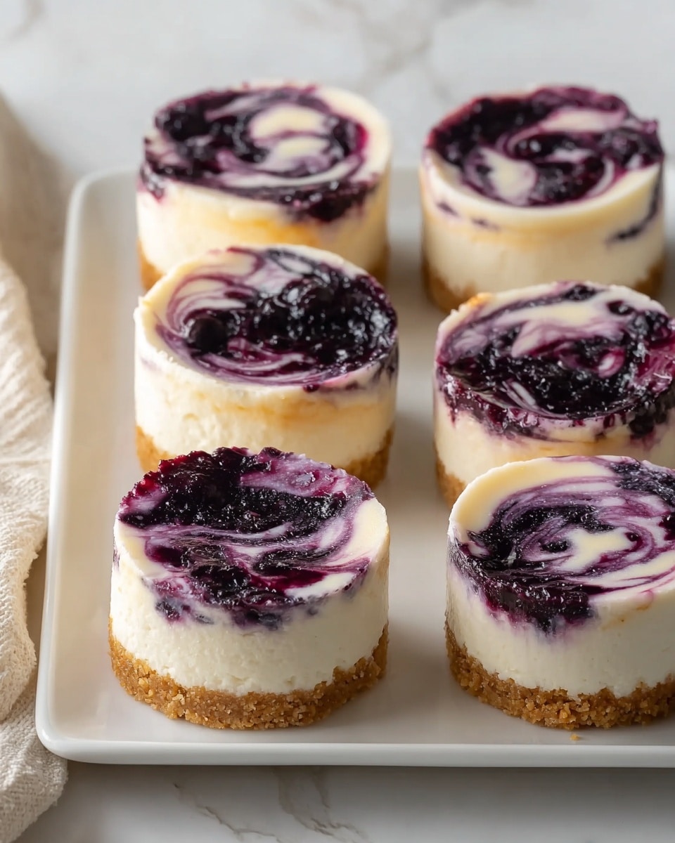 The image shows six small round cheesecakes arranged closely on a white rectangular plate. Each cheesecake has three layers: a light brown crumbly crust at the bottom, a thick white creamy middle layer, and a glossy dark purple blueberry swirl on top that blends with the white layer in smooth, artistic curls. The surface beneath the plate is a white marbled texture. Photo taken with an iphone --ar 4:5 --v 7