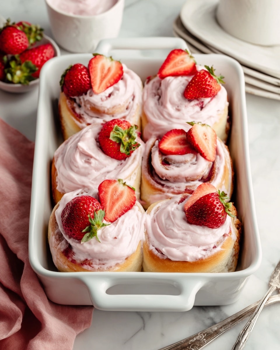 A white rectangular baking dish filled with seven soft, fluffy cinnamon rolls topped with smooth, light pink frosting swirled thickly on each roll. Fresh, halved strawberries with bright red color and green tops are scattered on and around the rolls, adding a fresh look. The rolls are arranged close together, showing their golden brown edges peeking through the frosting. The dish sits on a white marbled surface with a soft pink cloth nearby and a pile of more fresh strawberries visible at the side. Photo taken with an iphone --ar 4:5 --v 7