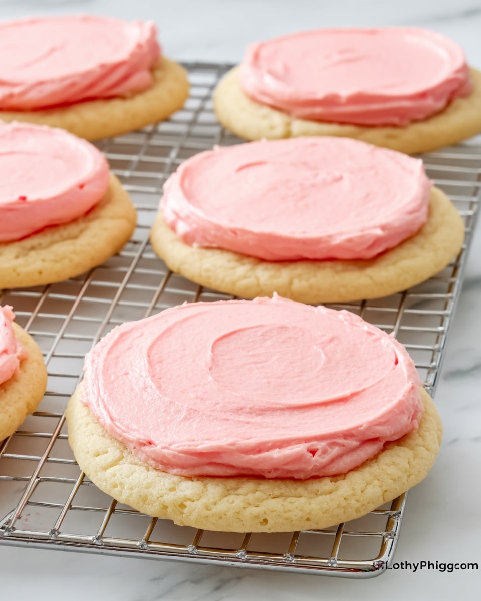The image shows several soft, thick cookies placed on a metal cooling rack over a white marbled surface. Each cookie has one layer of pale golden dough topped with a thick, smooth layer of pink frosting that covers the entire top surface. The pink frosting is gently swirled, showing a creamy texture without any decorations. The cookies are evenly spaced, and there is a slight crumb texture visible on the sides of the cookie dough. photo taken with an iphone --ar 4:5 --v 7