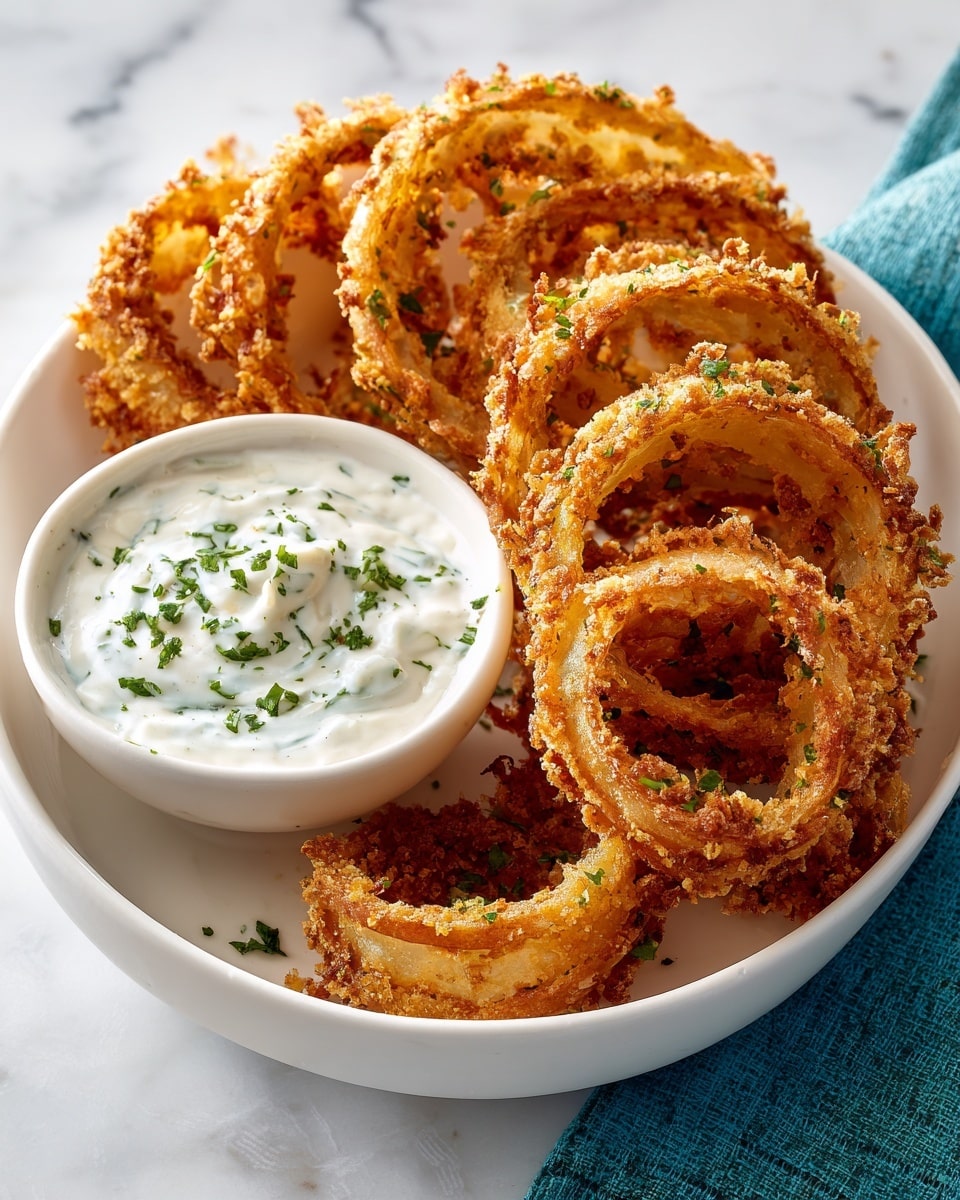 A bowl filled with golden brown, crispy fried onion rings layered unevenly with rough, crunchy edges and a slightly oily texture, sprinkled with small pieces of green herbs. In the center of the bowl sits a smaller white bowl filled with smooth white dipping sauce topped with finely chopped green herbs. The bowl is placed on a white marbled surface with a green fabric napkin to the side. photo taken with an iphone --ar 4:5 --v 7