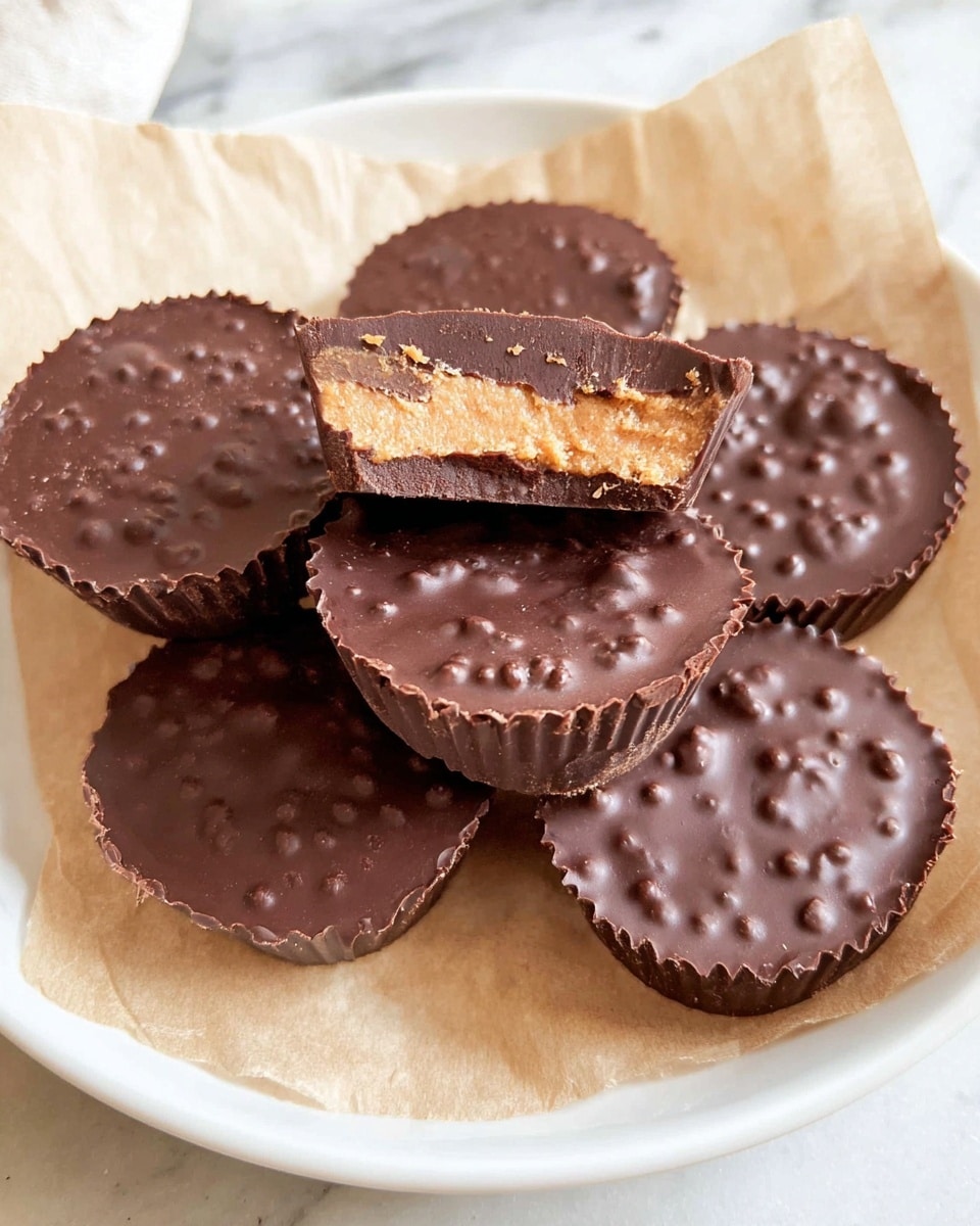 A white plate rests on a white marbled surface, holding eight round chocolate cups with textured tops, each with a rough, bumpy surface showing little nuts or crisps mixed into the chocolate. One chocolate cup is cut in half and placed on top, revealing two layers inside: a smooth, light brown peanut butter layer inside, surrounded by a darker and crunchier chocolate shell. The chocolates are arranged on a piece of light beige parchment paper on the plate. photo taken with an iphone --ar 4:5 --v 7