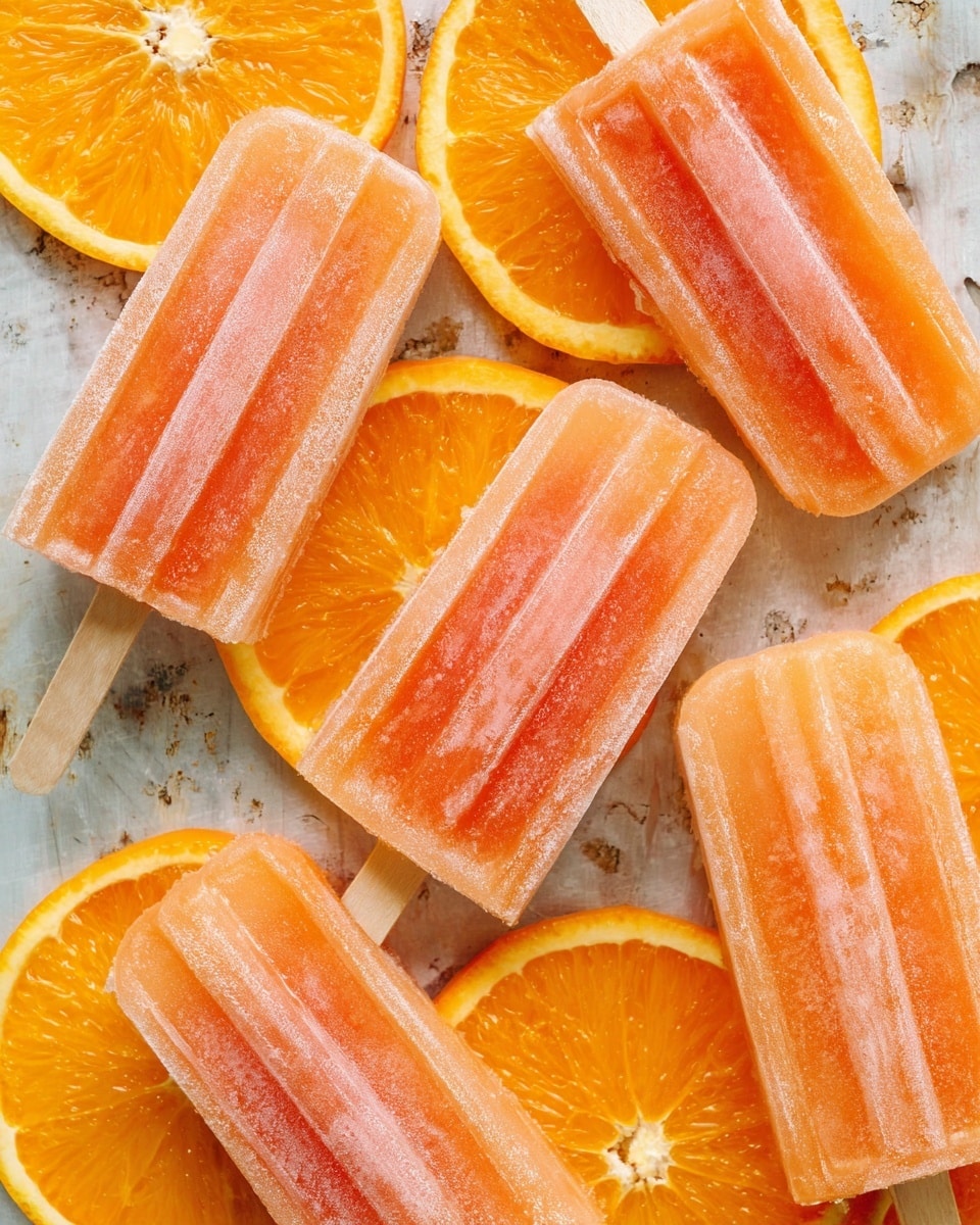 The image shows several orange popsicles with a smooth, slightly frosted texture, each placed on top of bright orange slices. The popsicles are light orange with subtle shading and vertical ridges, giving them shape and depth. The orange slices beneath have a glossy, juicy look, with a rich orange color and textured peel edges. The background surface is a white marbled texture with some distressed details. The arrangement is casual and close-up, highlighting the fresh and cool feel of the frozen treats on the fruit bases. photo taken with an iphone --ar 4:5 --v 7