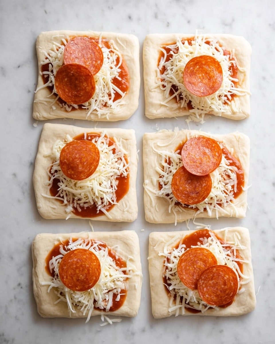 The image shows six square pieces of dough laid out on a white marbled surface. Each dough square is topped with a spread of red tomato sauce mostly focused on the bottom left corner, covered lightly with white shredded cheese scattered across the sauced area. On top of the cheese, there are two round slices of pepperoni placed neatly in the sauced corner of each square. The dough appears soft and pale, giving a contrast to the vibrant red sauce and the light yellow cheese. photo taken with an iphone --ar 4:5 --v 7