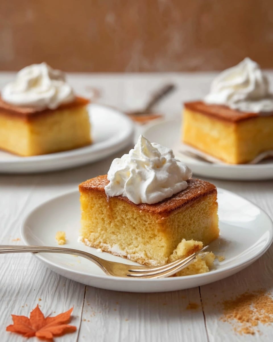 A square piece of two-layered cake sits in the center of a white plate with a thin silver rim. The cake’s bottom layer is light yellow and spongy, while the top layer is a darker golden-brown, slightly textured surface, dusted with cinnamon or spice. On top, a swirl of white whipped cream adds a soft, creamy texture. A woman's hand holds a fork with a small chunk of cake lifted slightly above the plate’s surface. In the background, two more white plates hold similar cake pieces, blurred softly, resting on a white marbled texture surface. Visible steam rising from the whipped cream adds warmth to the scene. Photo taken with an iphone --ar 4:5 --v 7