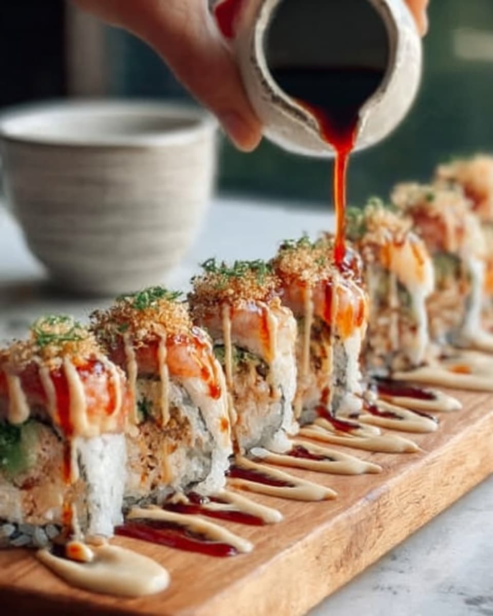 The image shows a row of sushi rolls lined up on a light wooden board against a white marbled surface background. Each sushi roll has three visible layers: the bottom is white rice with a slightly sticky texture, the middle layer is a mix of light pink or orange seafood filling with green herbs, and the top is drizzled with two different sauces—one creamy beige and the other dark red, creating a zigzag pattern. The sushi rolls are topped with small green herb sprinkles and tiny crispy bits. A woman's hand is gently pouring more dark red sauce over the top of the sushi rolls. In the foreground to the left, there is a white bowl with a textured exterior partially visible. The overall lighting highlights the fresh and vibrant colors of the sushi. Photo taken with an iphone --ar 4:5 --v 7