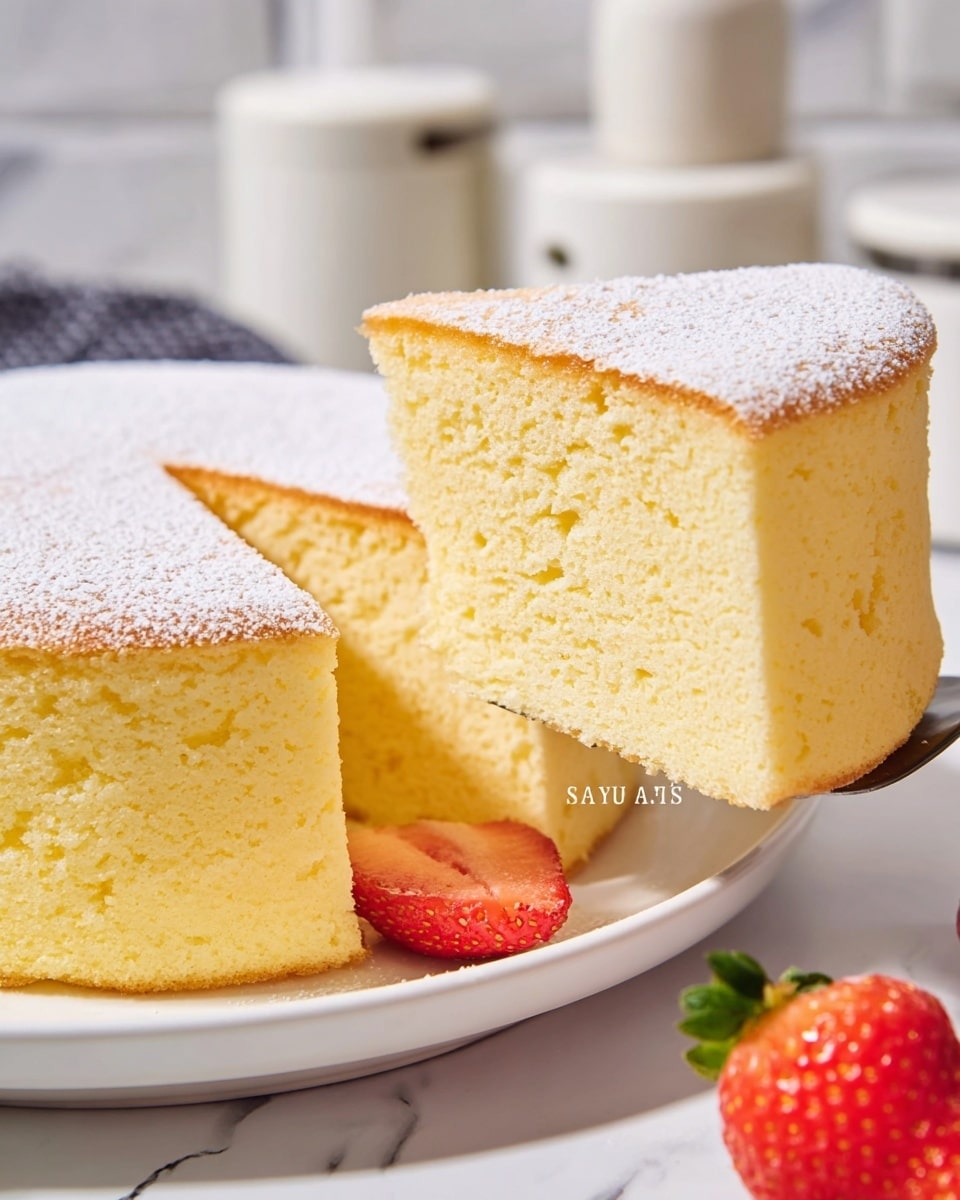 A slice of fluffy, light yellow sponge cake with a golden-brown top layer that is lightly dusted with powdered sugar is being lifted from a whole cake, which is cut into even pieces. The cake has one thick layer with a soft, airy texture. A fresh red strawberry slice is placed beside the cake on a white scalloped-edge plate. The background features white containers with subtle text labels on a white marbled surface. photo taken with an iphone --ar 4:5 --v 7