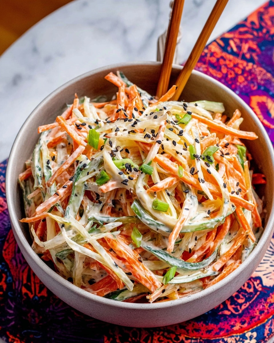 A vibrant salad is shown in a white bowl with a blue interior, filled with thin, long strips of orange carrot, pale pale green cucumber, and creamy white dressing that coats the vegetables. The salad is sprinkled with small black sesame seeds and chopped green onions. Two green chive stalks rest on top, giving a fresh touch. The bowl sits on a colorful cloth with red and blue patterns, placed on a white marbled surface. Two wooden chopsticks stand inside the bowl, adding an element of texture. photo taken with an iphone --ar 4:5 --v 7