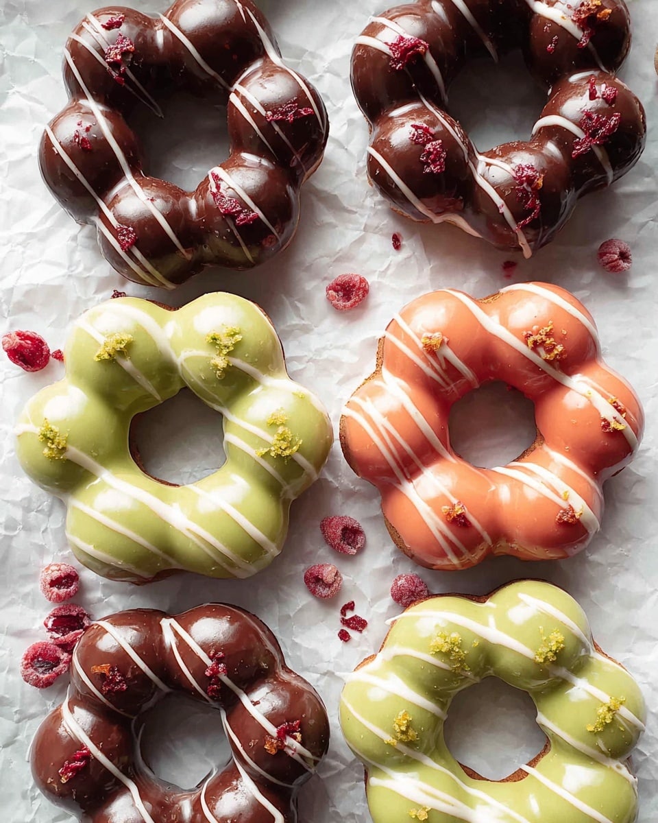 A group of nine round donuts with a unique shape made of eight small round puffs joined together, placed on a white marbled surface with a crinkled paper texture underneath. Three donuts have a shiny chocolate-colored glaze with white drizzle lines across part of the top. Three donuts are coated with a smooth pink glaze decorated with thin white drizzle lines and small red berry pieces scattered on one side. The remaining three donuts have a pale green glossy glaze, topped with a light sprinkle of crumb-like bits and white drizzle lines running along the top. All donuts have a smooth, shiny texture and are arranged closely together, showing vibrant colors and delicate decorations. photo taken with an iphone --ar 4:5 --v 7