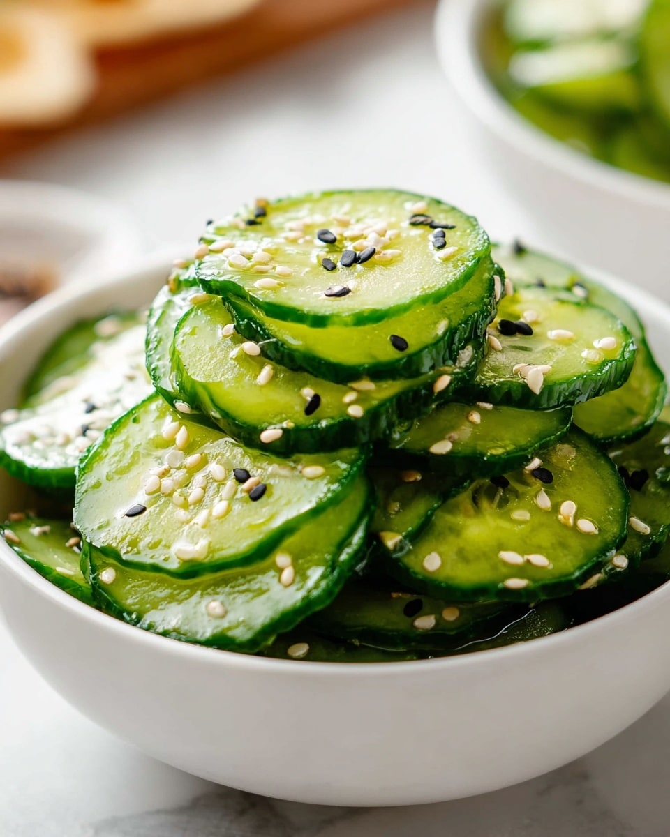 A white bowl filled with multiple layers of thin, round cucumber slices stacked on top of each other, showing a vibrant green color with a glossy texture from a light dressing. The cucumber layers are sprinkled evenly with small white and black sesame seeds, adding texture and contrast. The bowl sits on a white marbled surface, with some blurred elements in the background suggesting another dish. The overall composition focuses closely on the fresh, glossy cucumbers and sprinkled seeds. photo taken with an iphone --ar 4:5 --v 7