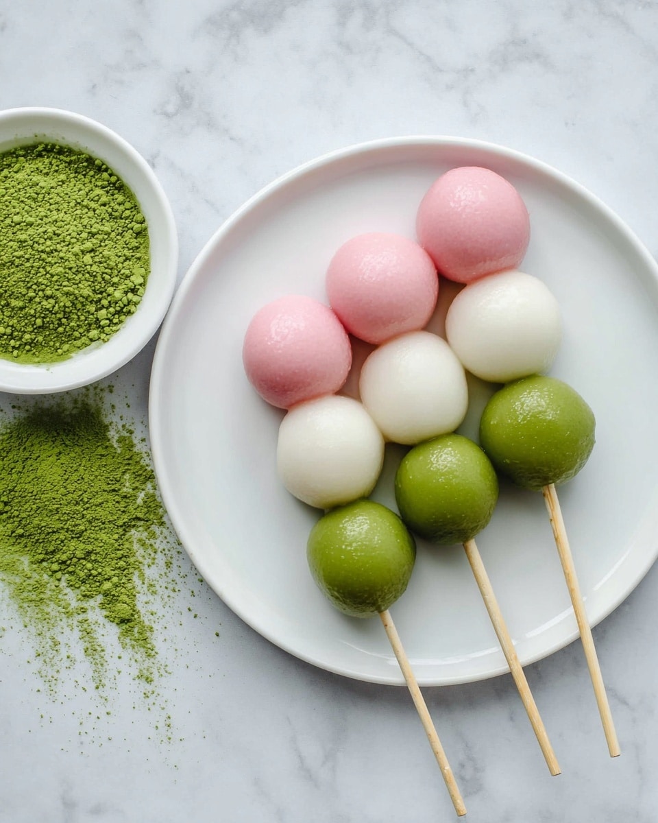 Three skewers each with three round, shiny mochi balls are placed on a white plate. Each skewer has three layers of colors: the top layer is soft pink, the middle layer is white, and the bottom layer is light green. The plate rests on a white marbled surface sprinkled with green powder, and a white bowl filled with green powder is visible on the top left side. The overall look is clean and fresh. photo taken with an iphone --ar 4:5 --v 7
