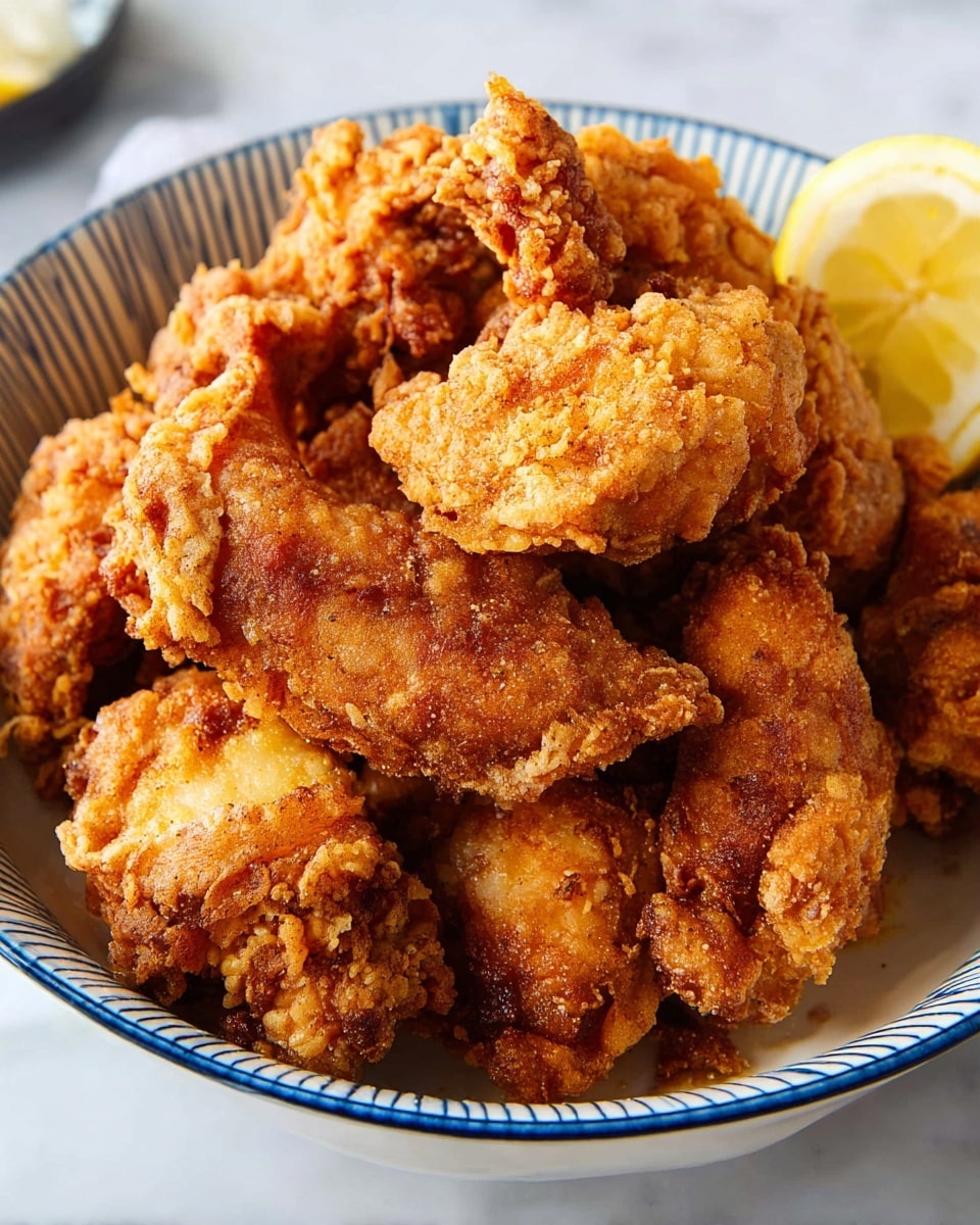 A bowl filled with several pieces of golden-brown fried chicken showing a crispy, crunchy texture with some darker fried spots, piled together in the middle of a white bowl with blue stripes on the inside. On the side of the bowl is a lemon wedge, pale yellow with a glossy surface, resting on a white marbled surface. The white bowl has a smooth, round shape, and the fried chicken pieces vary in size, some small and some larger, with uneven but appetizing edges. Photo taken with an iphone --ar 4:5 --v 7