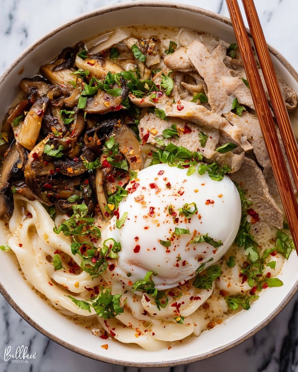 A close-up of a bowl with four main layers: at the bottom, thick, creamy light-colored broth; on top of that, a pile of pale, slightly glossy udon noodles arranged to the right side; next to the noodles on the right, thin slices of cooked light brown meat with a soft texture; on the left side, cooked mixed mushrooms and onions with a golden-brown color; topping the noodles near the center is a smooth white poached egg sprinkled with red chili flakes and small green herbs; a pair of wooden chopsticks rests on the bowl's edge; the bowl is white with a black textured rim, placed on a white marbled surface. photo taken with an iphone --ar 4:5 --v 7