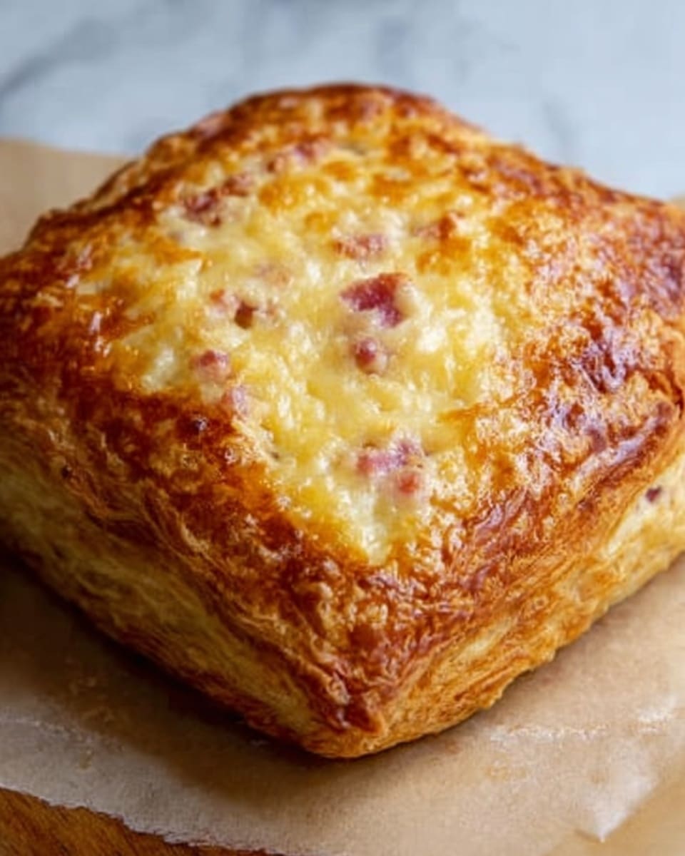 The image shows a golden-brown, square-shaped pastry with a puffy crust that looks flaky and crispy. On the top center, there is a slightly open area revealing a creamy mix with bits of pink and light yellow, suggesting melted cheese and small pieces of ham inside. The pastry’s surface shines slightly from a light coating, showing layers of puff pastry that are airy and textured. The pastry is placed on a piece of brown parchment paper, resting on a white marbled surface. Photo taken with an iphone --ar 4:5 --v 7