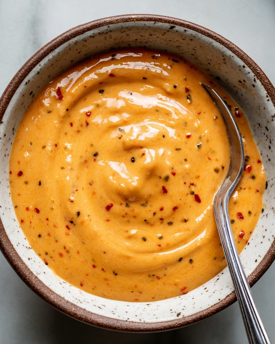 A close-up view of a creamy orange sauce with visible small dark red and green specks mixed in, filling a white bowl with a speckled brown rim. The sauce has a thick, smooth texture with some swirls and a shiny surface. A shiny silver spoon is partially submerged in the sauce on the right side, with a small amount of sauce clinging to it. The bowl sits on a white marbled surface. photo taken with an iphone --ar 4:5 --v 7