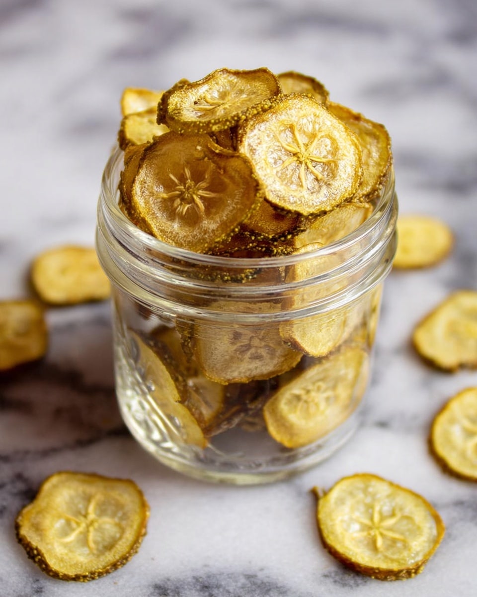 A clear glass jar is filled to the top with thin, round slices of dried cucumber chips, showing a light yellow color with darker green-brown edges and visible seed patterns in the center of each slice. Some chips are layered inside the jar while others spill slightly over the rim. The jar sits on a white marbled textured surface with a few scattered cucumber chips around it, all in soft focus. photo taken with an iphone --ar 4:5 --v 7