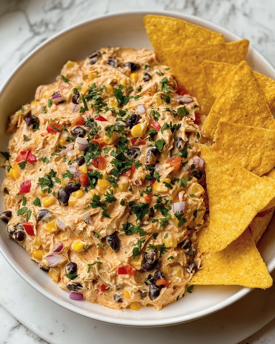 A white bowl filled with a creamy mixture of shredded chicken, black beans, corn, and small red and green vegetable pieces, all combined with a light orange sauce and sprinkled with chopped green cilantro on top; on the right side of the bowl, several golden yellow tortilla chips are placed, slightly overlapping each other. The bowl sits on a white marbled surface. photo taken with an iphone --ar 4:5 --v 7