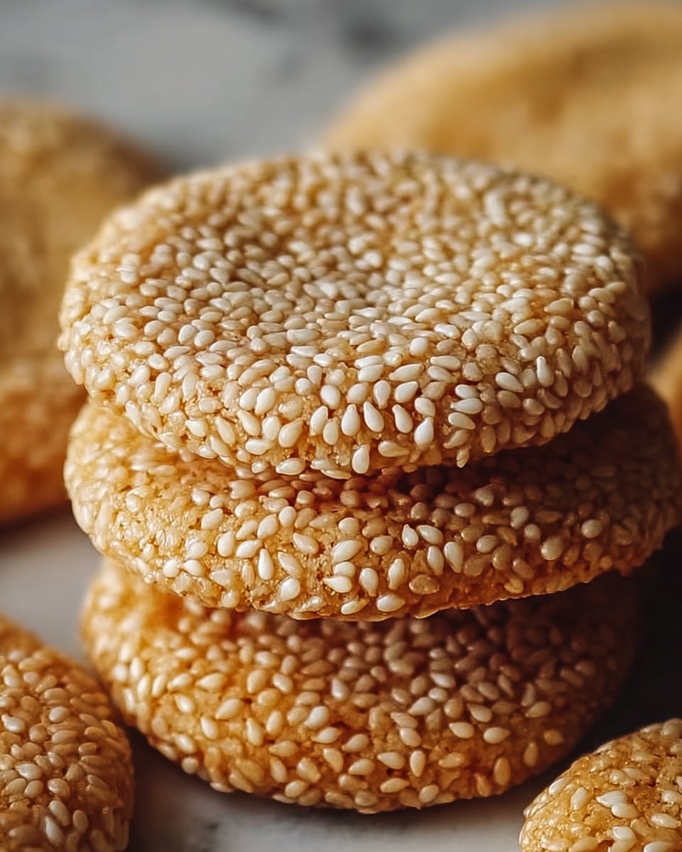 A close-up of a stack of three round, thin cookies covered fully with small white sesame seeds, the cookies have a golden-brown color and a slightly glossy surface that shows a crisp texture. Below the stack, there are more cookies blurred out in the background, all resting on a white marbled texture. The cookies’ edges are slightly rough, and the sesame seeds are evenly spread on top creating a fine, bumpy pattern. photo taken with an iphone --ar 4:5 --v 7