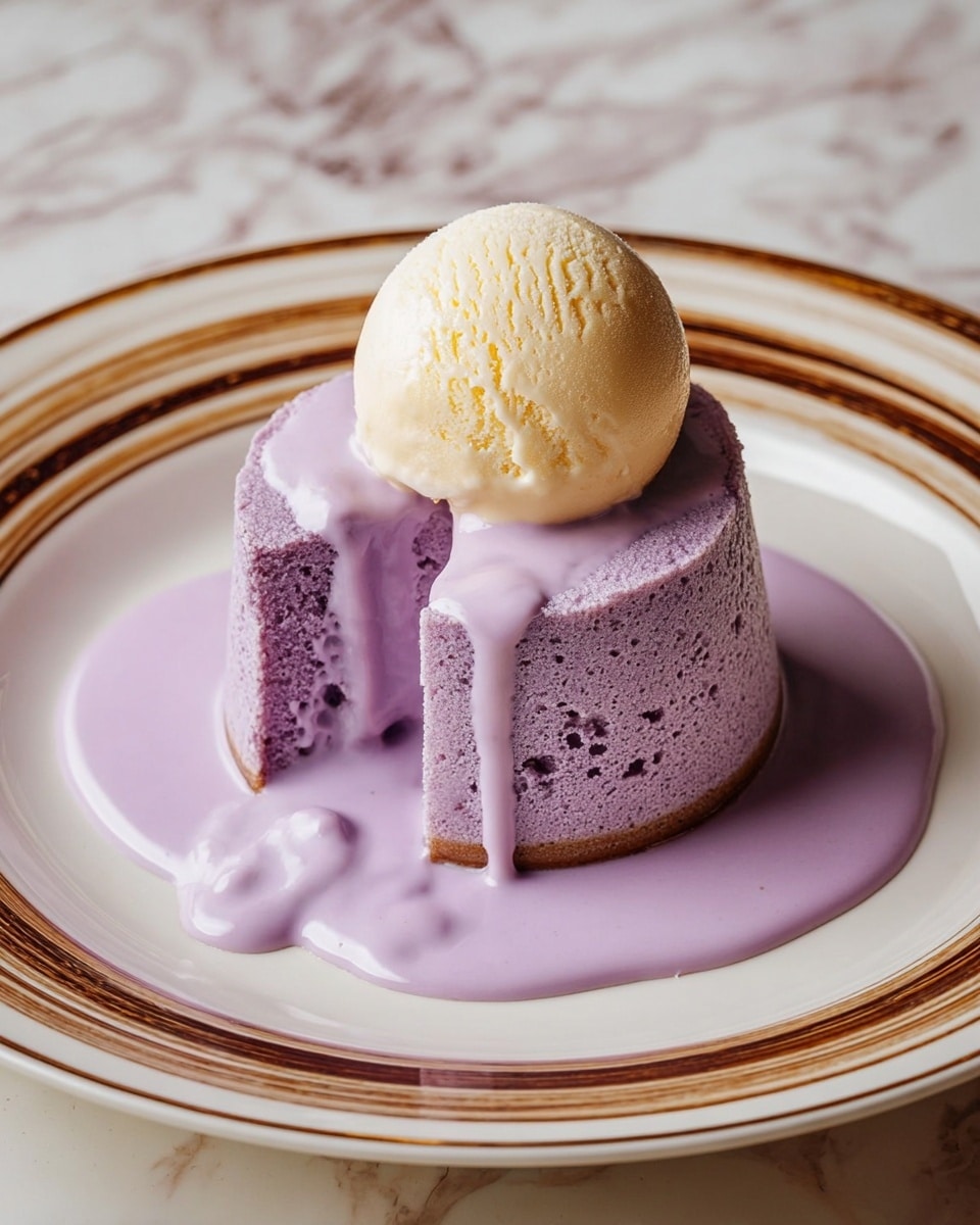A dessert with three layers sits on a white plate with a gold rim placed on a white marbled texture. The bottom layer is a thin, light brown base, slightly visible around the edges. The middle layer is a soft, spongy, light purple cake with a cut section showing a rich, glossy lavender sauce oozing out and spreading on the plate. On top, there is a round scoop of creamy off-white ice cream with slight texture marks. Photo taken with an iphone --ar 4:5 --v 7